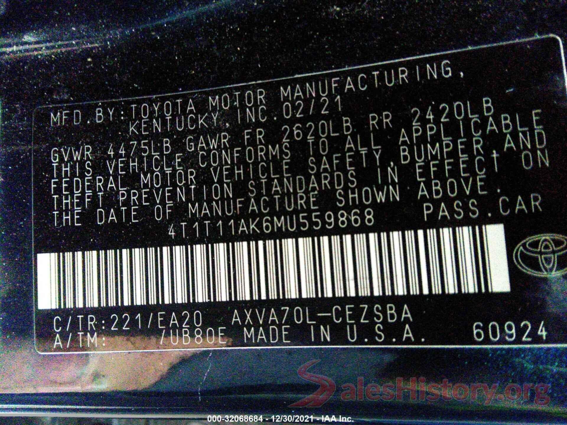 4T1T11AK6MU559868 2021 TOYOTA CAMRY