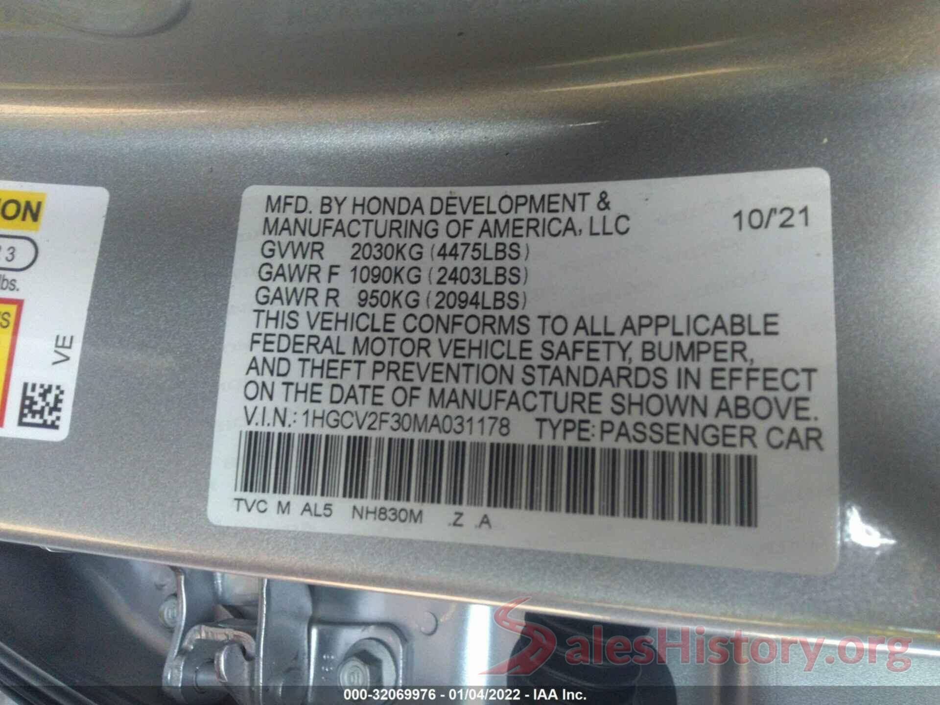 1HGCV2F30MA031178 2021 HONDA ACCORD SEDAN