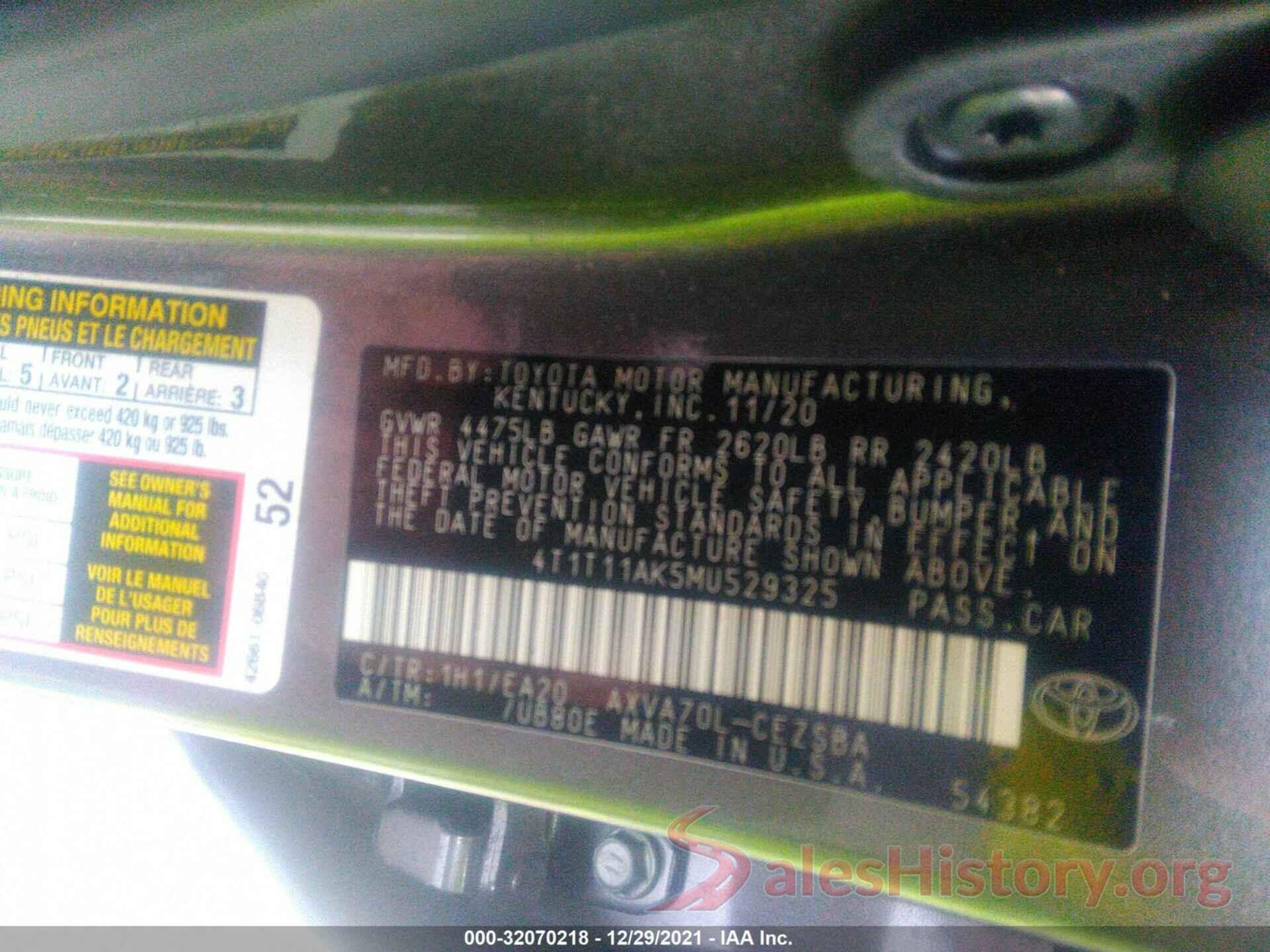 4T1T11AK5MU529325 2021 TOYOTA CAMRY