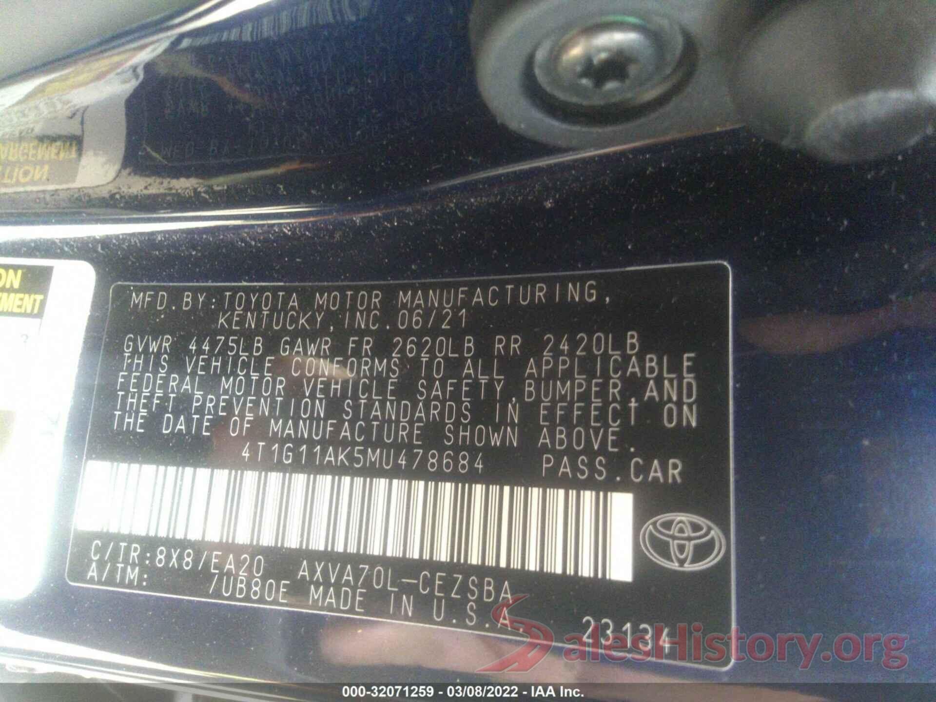 4T1G11AK5MU478684 2021 TOYOTA CAMRY