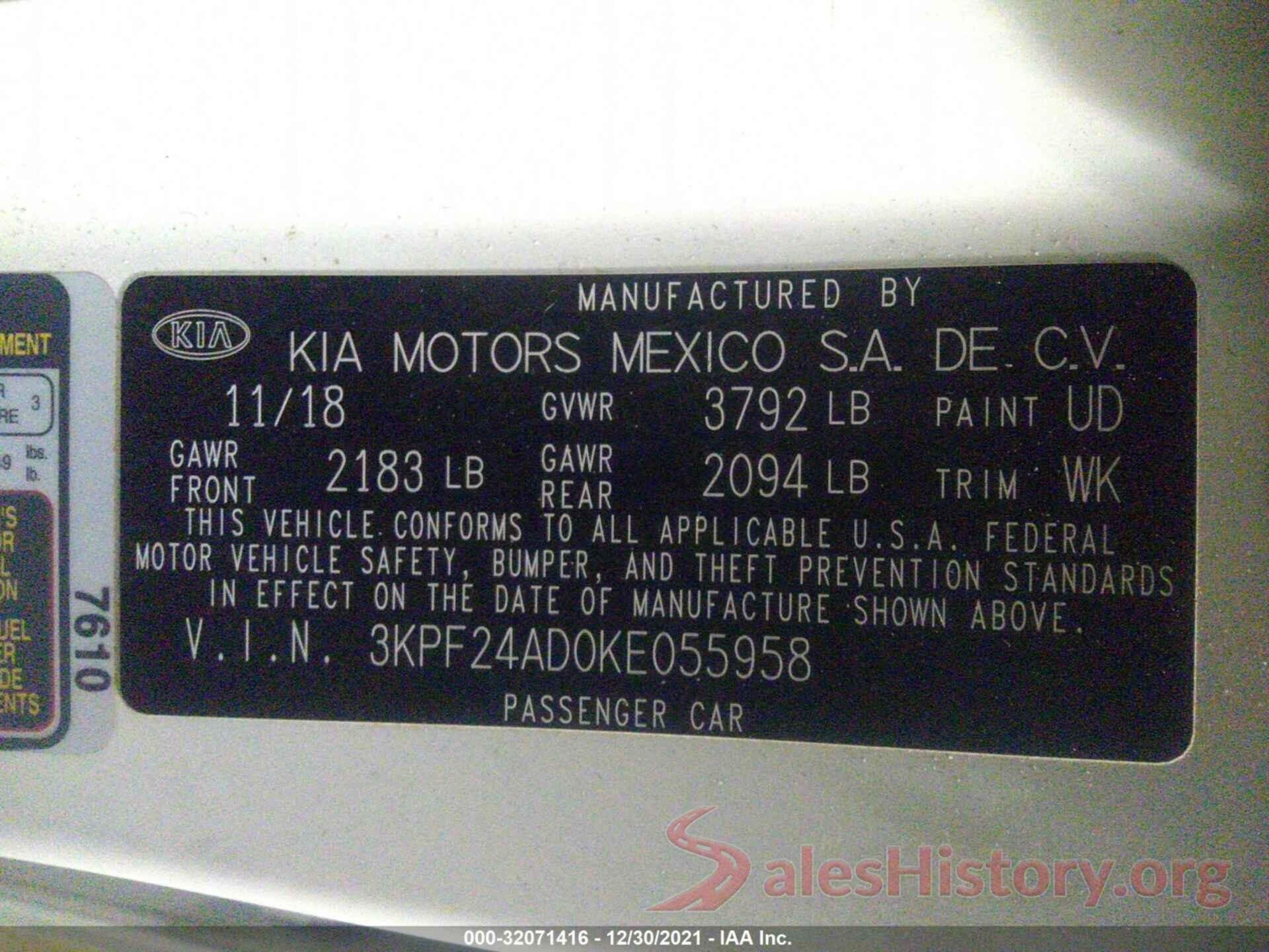 3KPF24AD0KE055958 2019 KIA FORTE