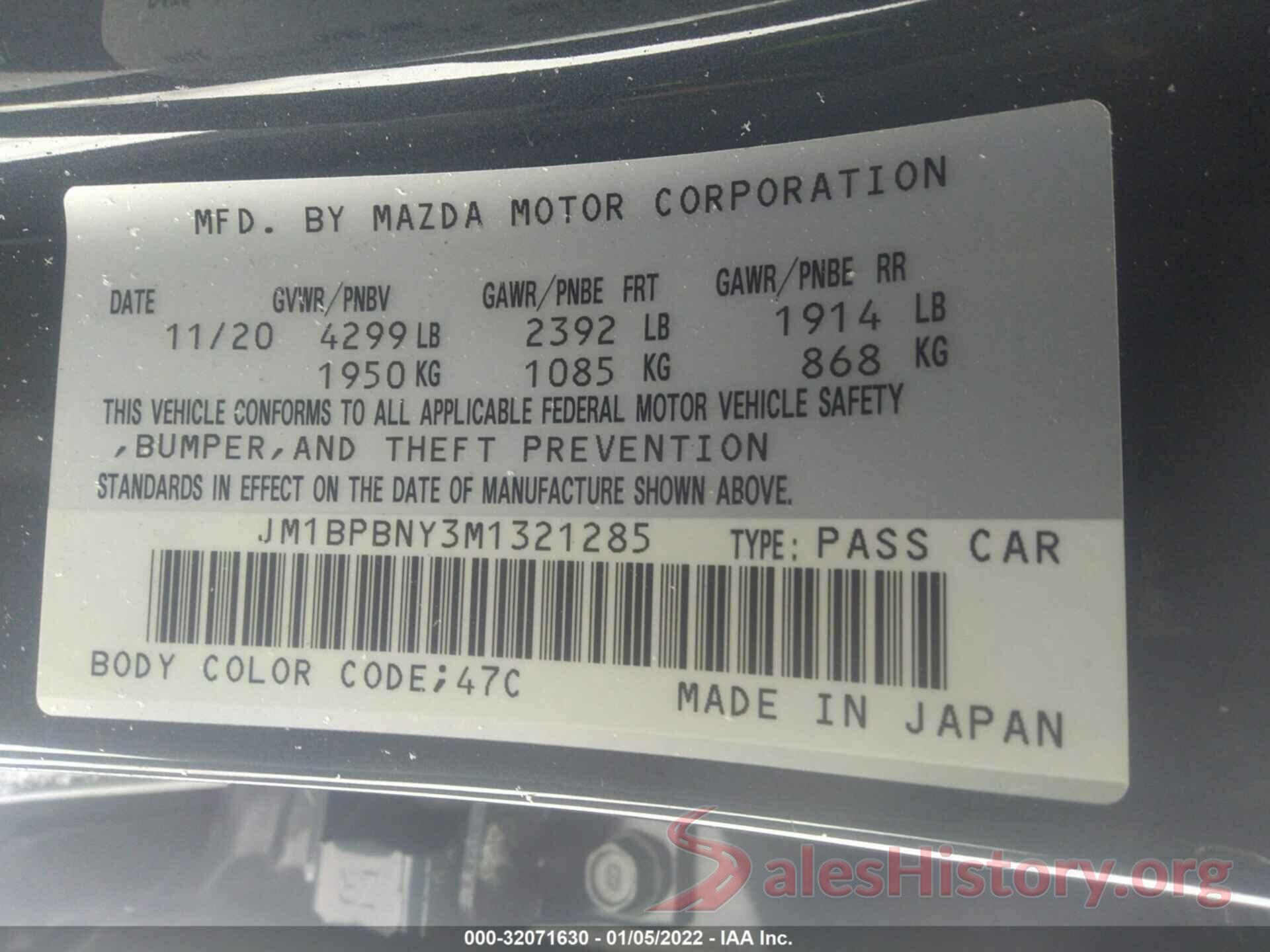 JM1BPBNY3M1321285 2021 MAZDA MAZDA3 HATCHBACK