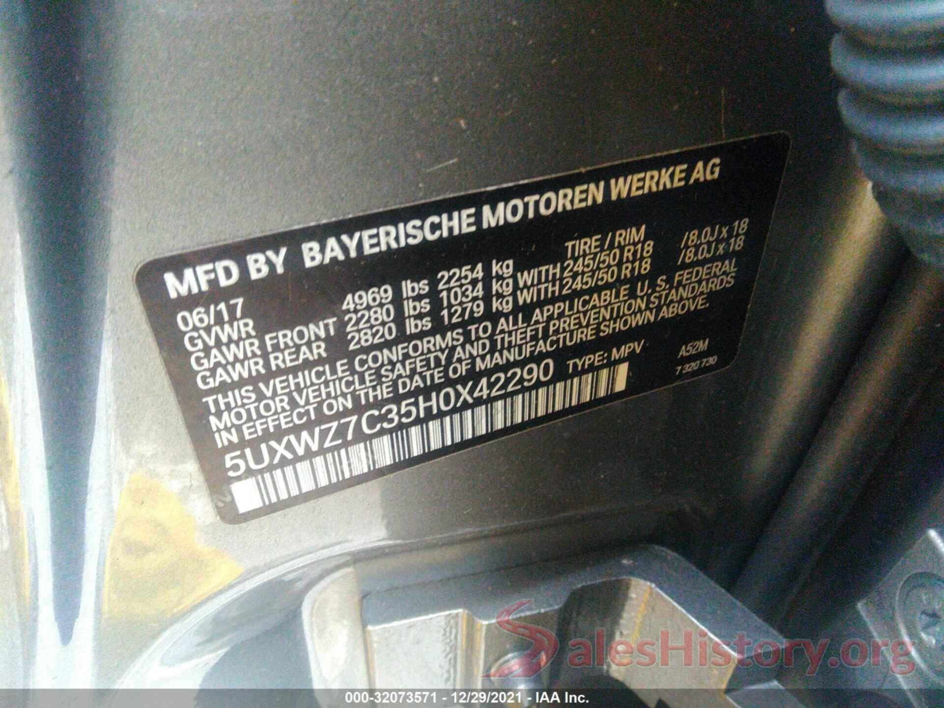 5UXWZ7C35H0X42290 2017 BMW X3