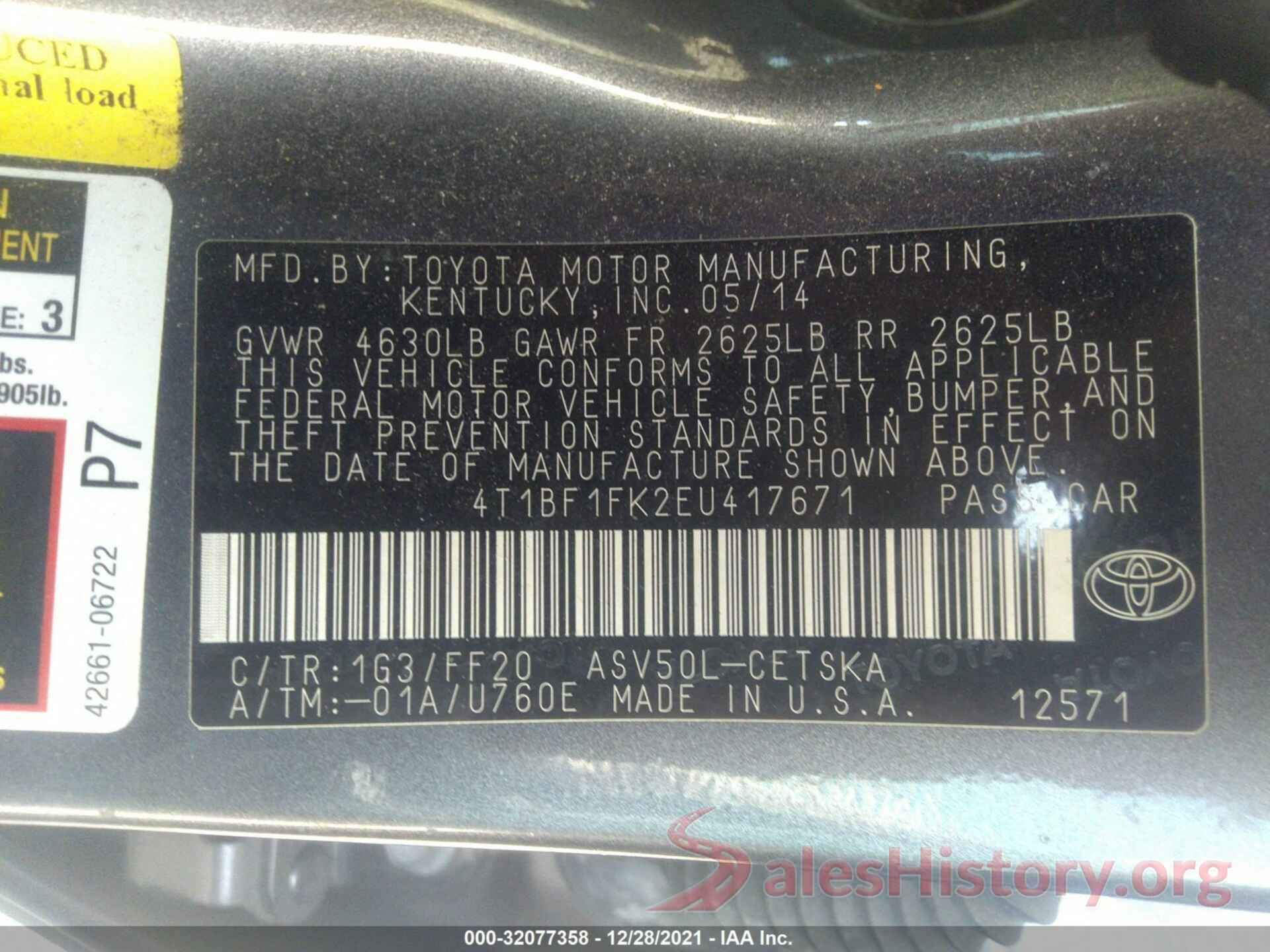 4T1BF1FK2EU417671 2014 TOYOTA CAMRY