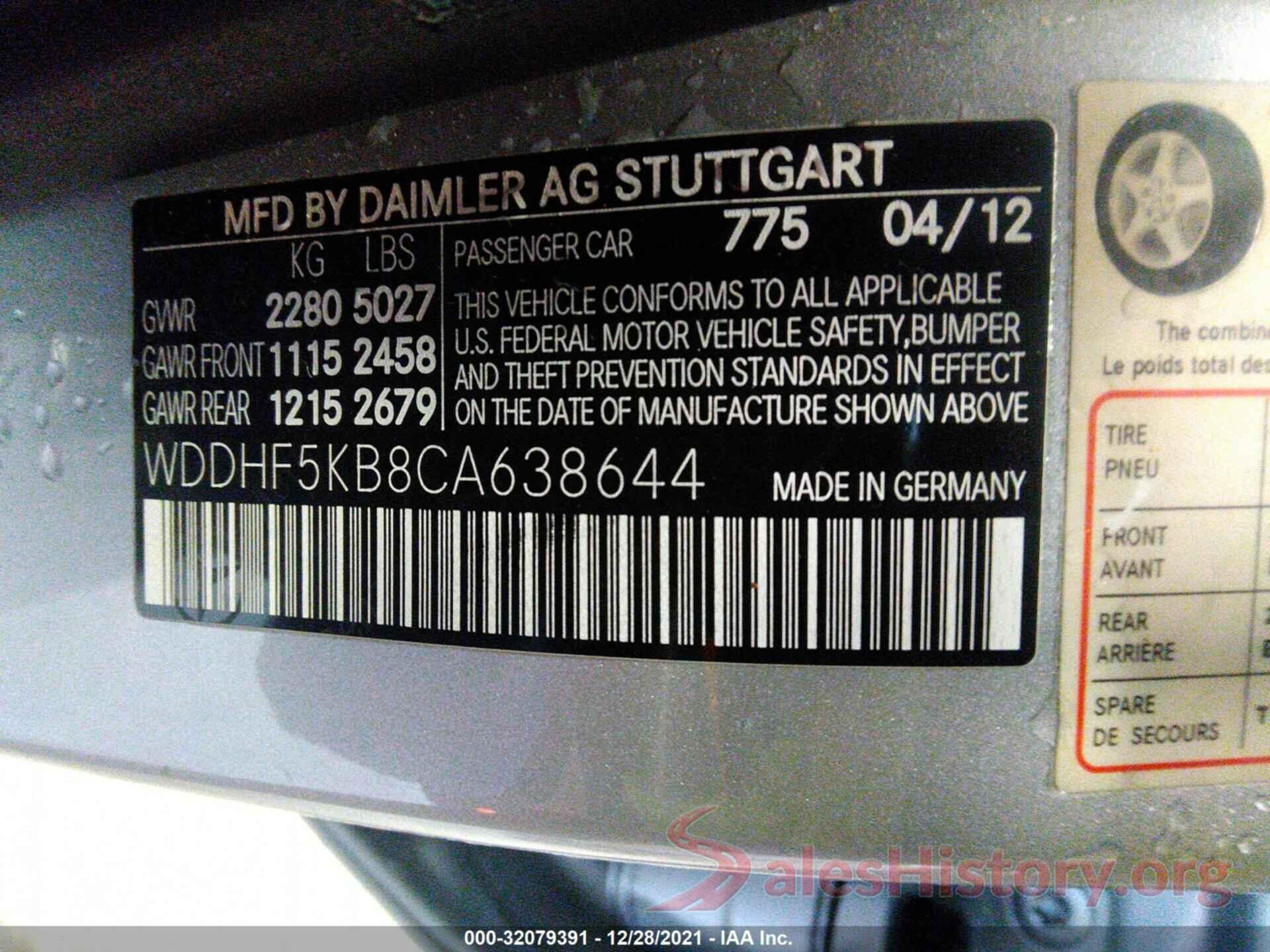 WDDHF5KB8CA638644 2012 MERCEDES-BENZ E-CLASS