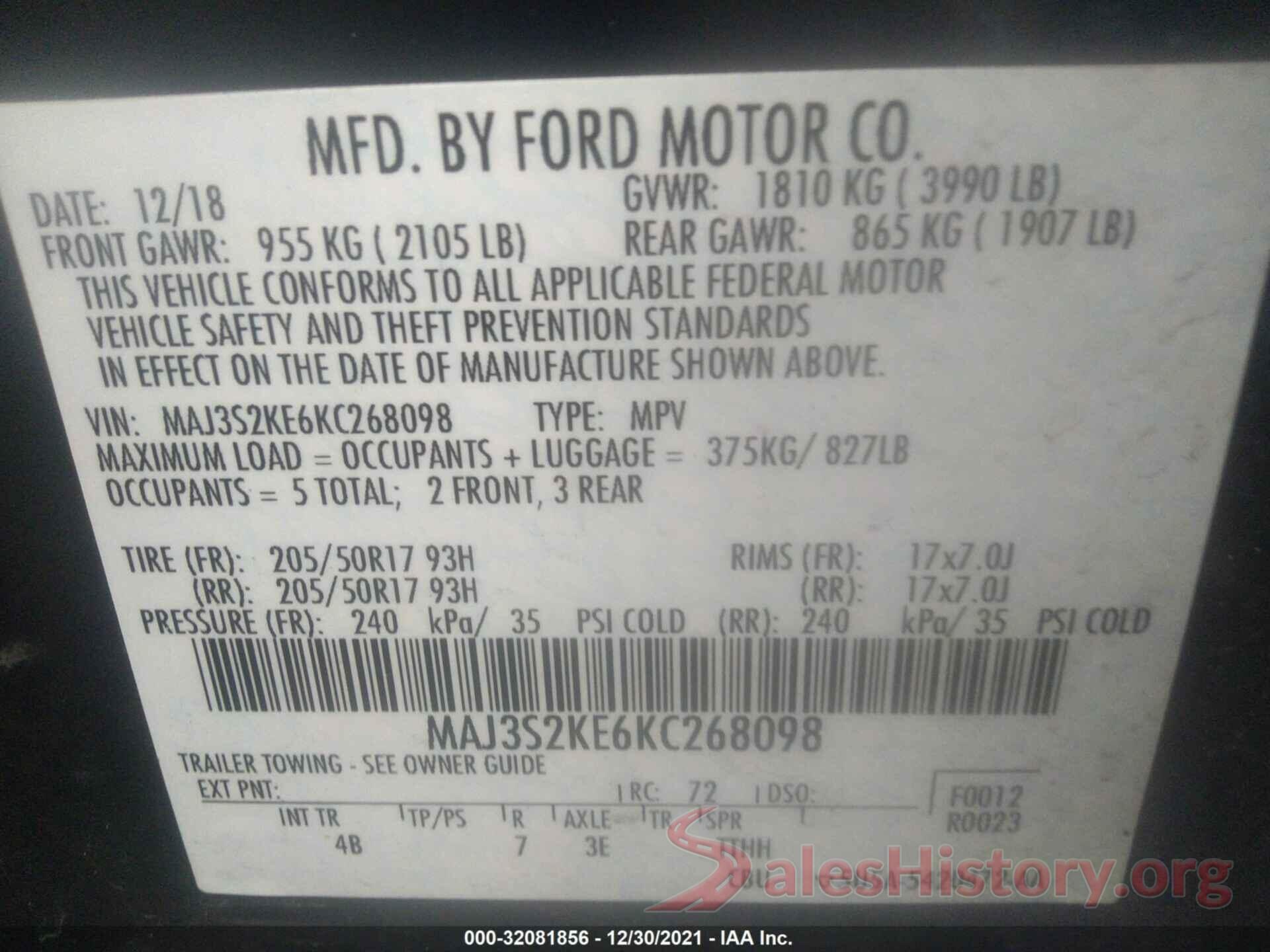 MAJ3S2KE6KC268098 2019 FORD ECOSPORT