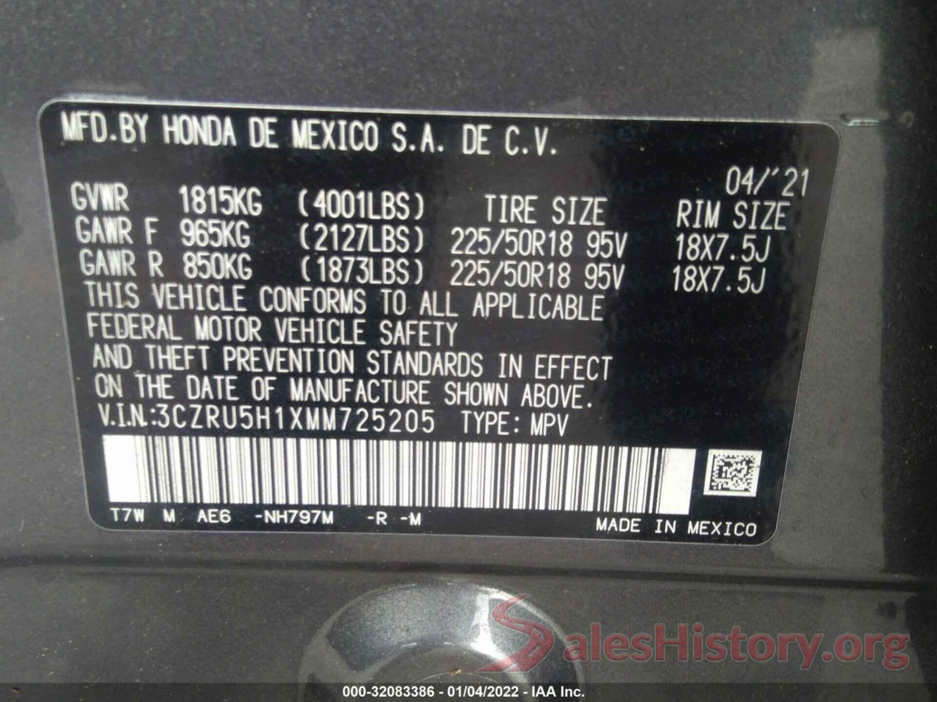 3CZRU5H1XMM725205 2021 HONDA HR-V