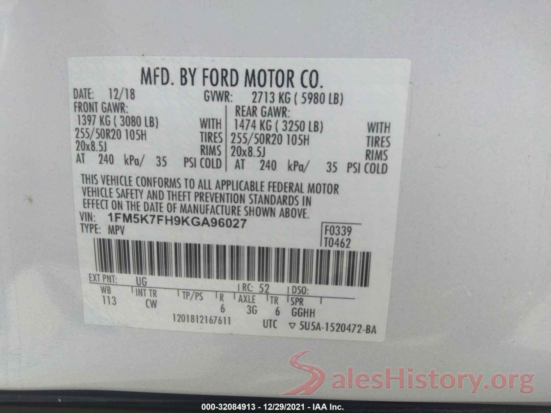 1FM5K7FH9KGA96027 2019 FORD EXPLORER