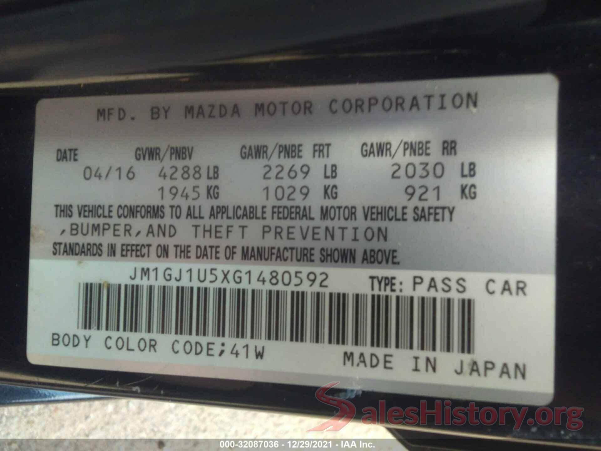 JM1GJ1U5XG1480592 2016 MAZDA MAZDA6