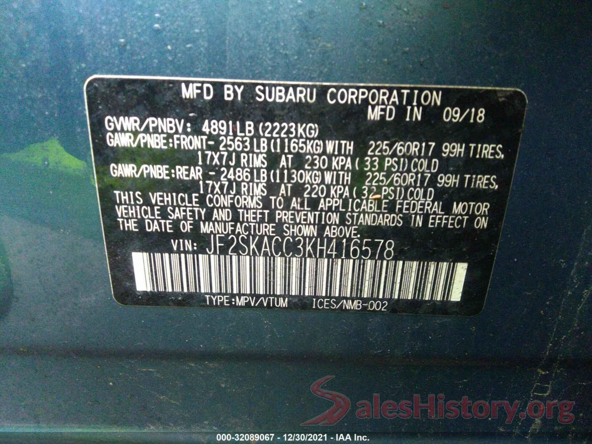 JF2SKACC3KH416578 2019 SUBARU FORESTER