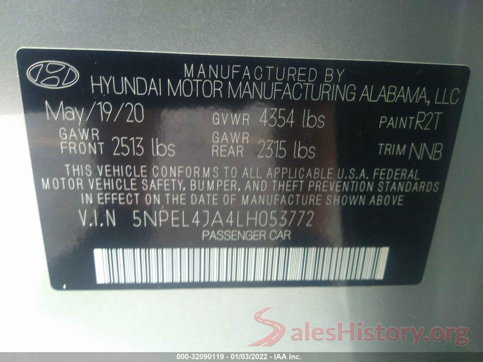 5NPEL4JA4LH053772 2020 HYUNDAI SONATA