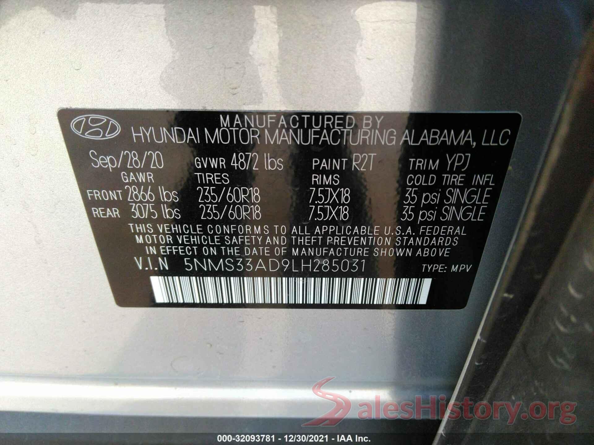 5NMS33AD9LH285031 2020 HYUNDAI SANTA FE