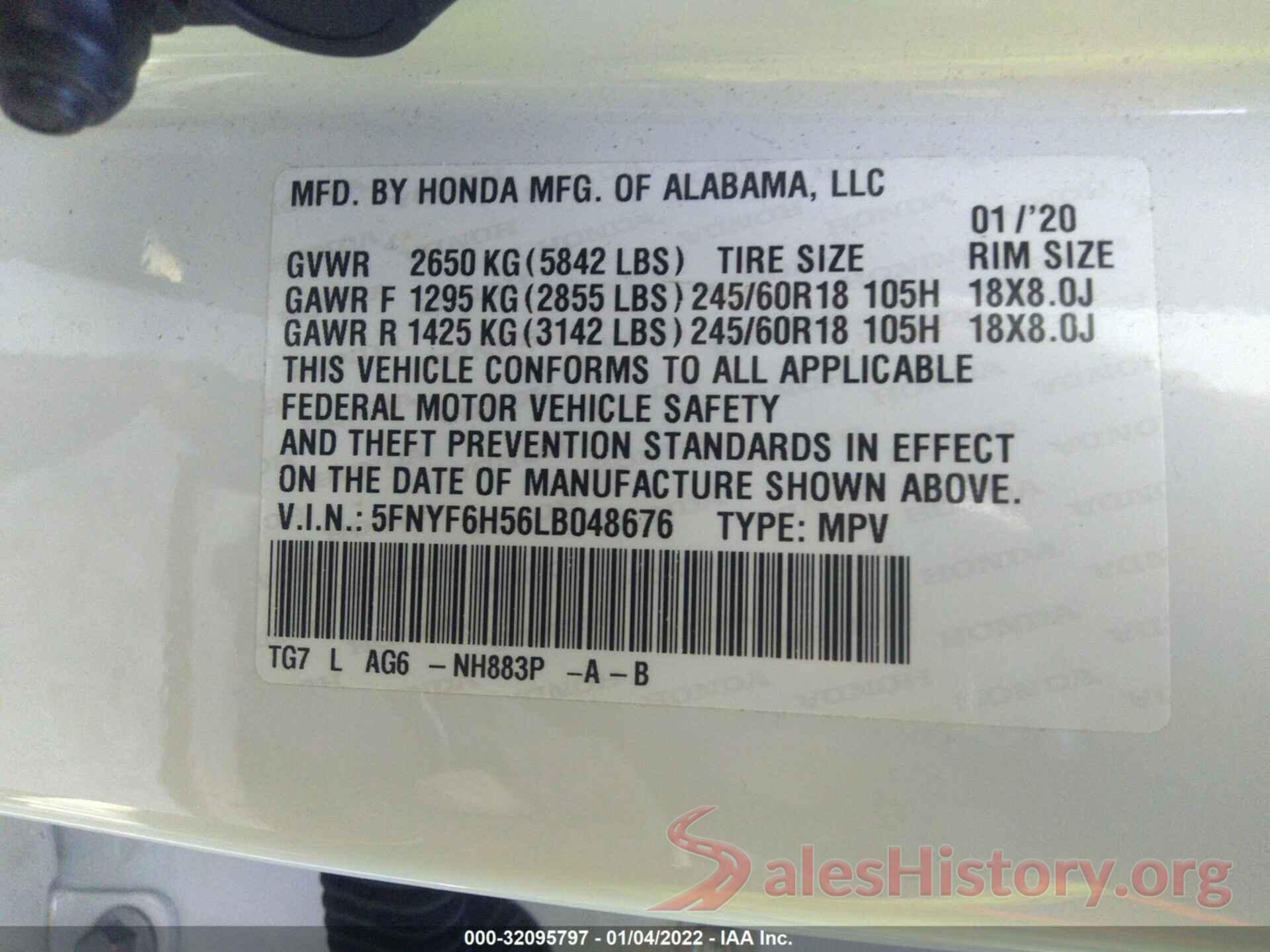 5FNYF6H56LB048676 2020 HONDA PILOT