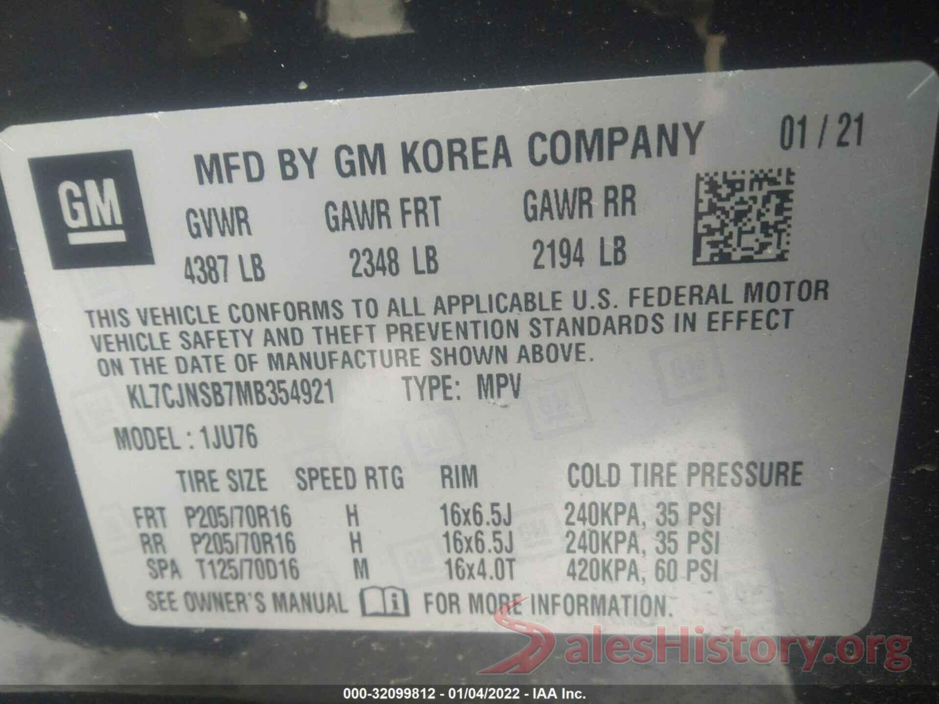 KL7CJNSB7MB354921 2021 CHEVROLET TRAX