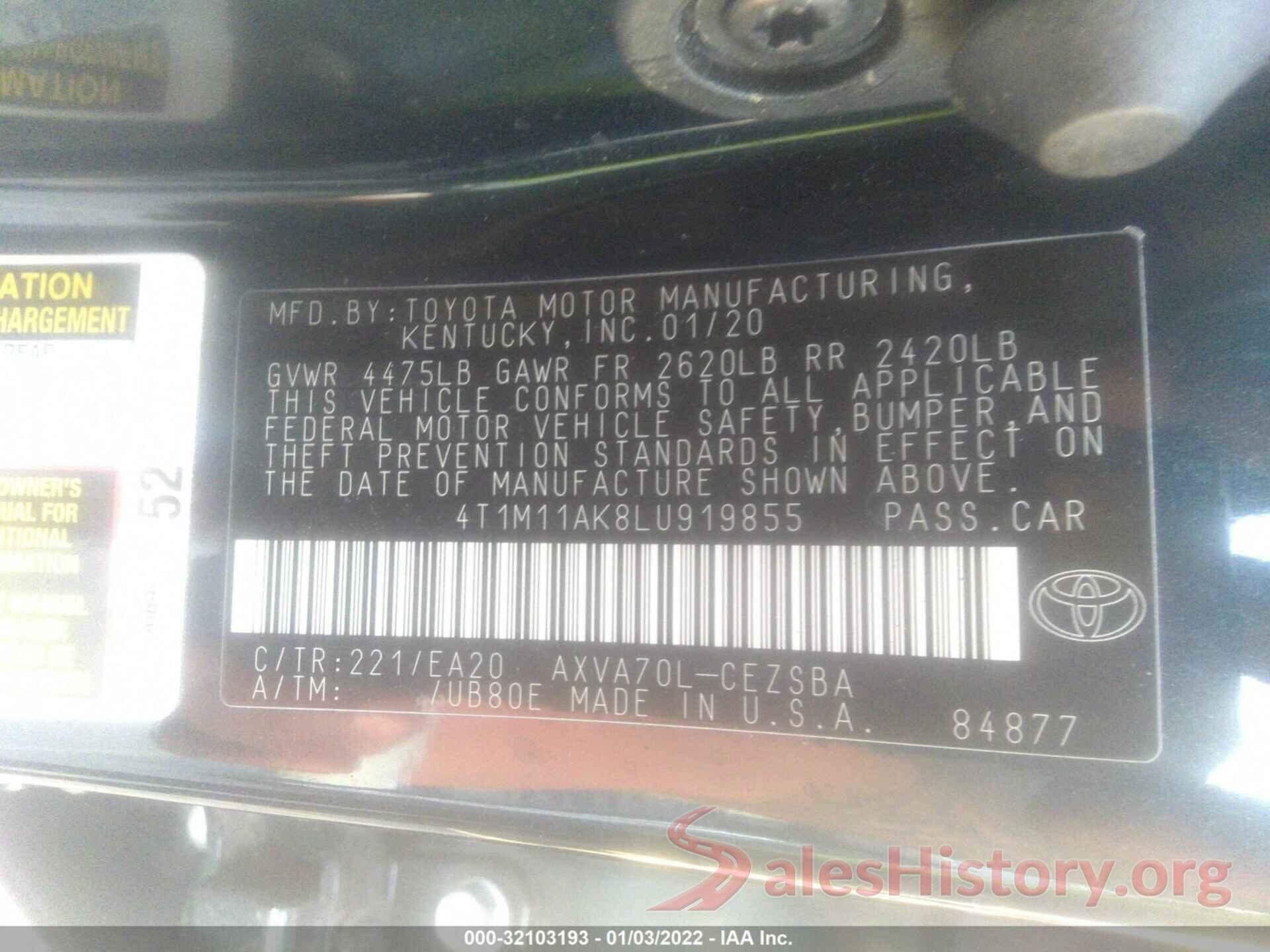 4T1M11AK8LU919855 2020 TOYOTA CAMRY