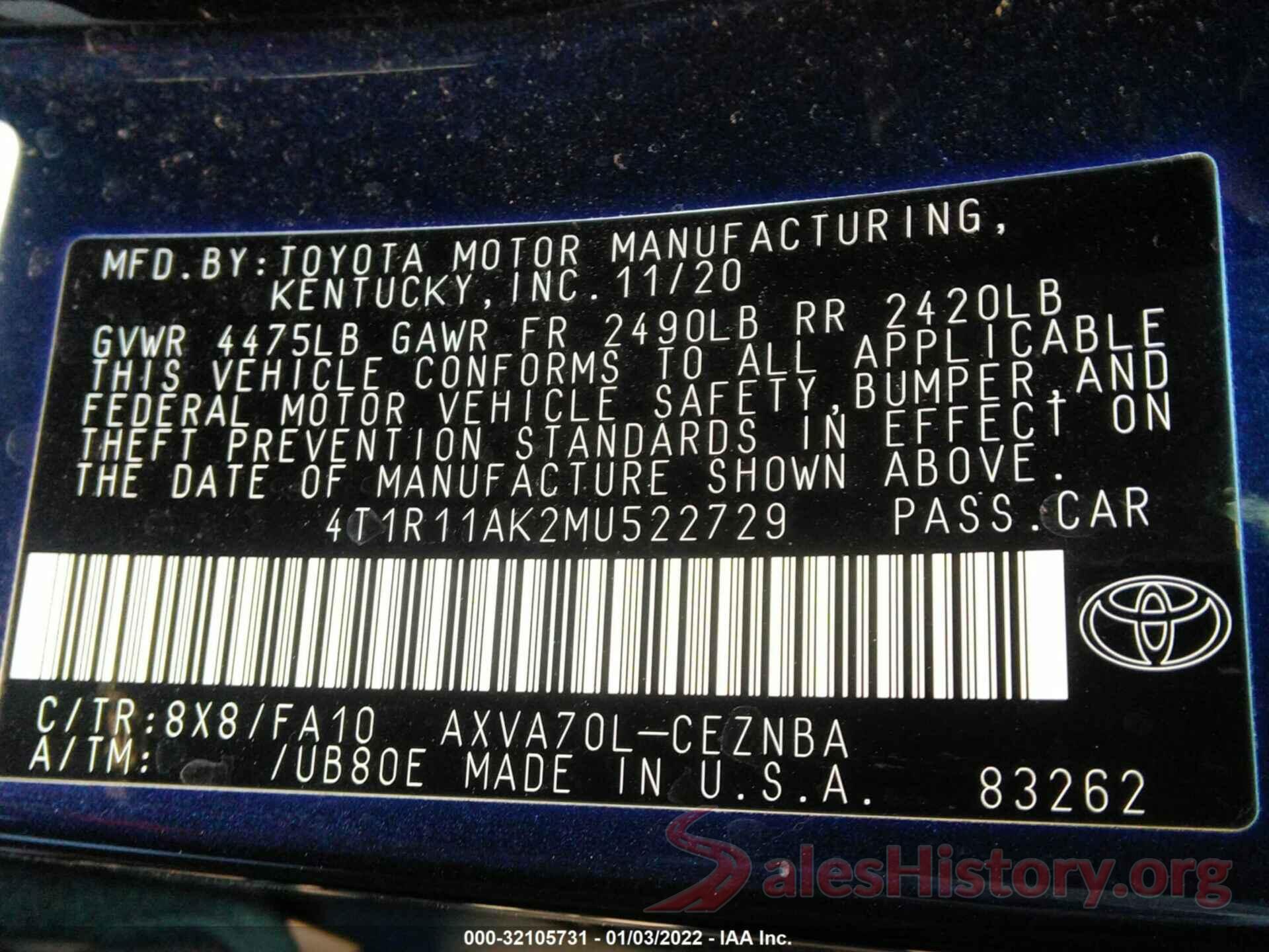 4T1R11AK2MU522729 2021 TOYOTA CAMRY