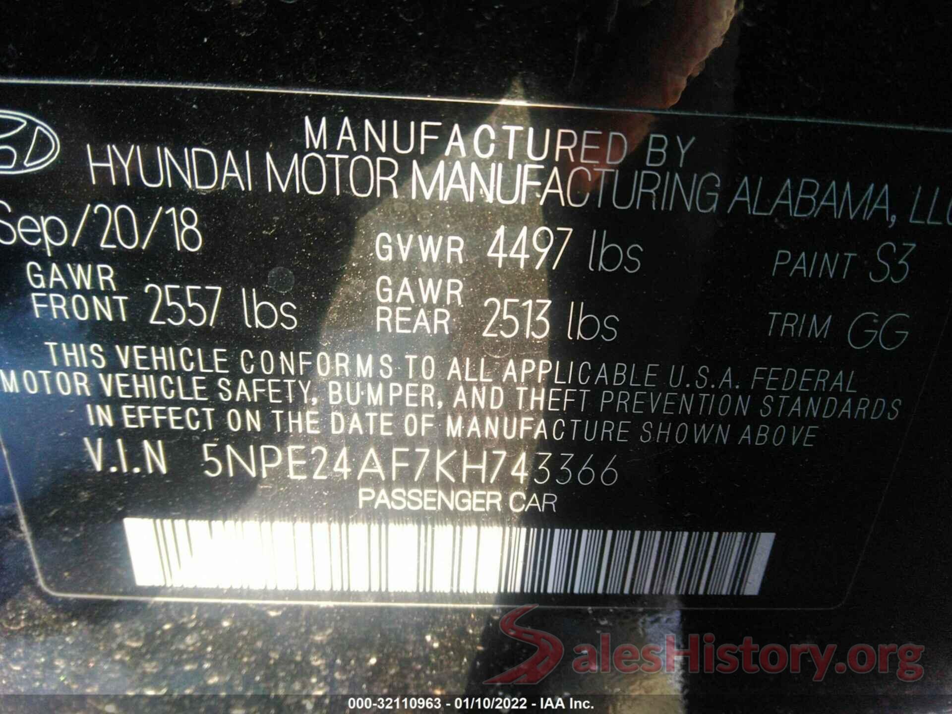 5NPE24AF7KH743366 2019 HYUNDAI SONATA