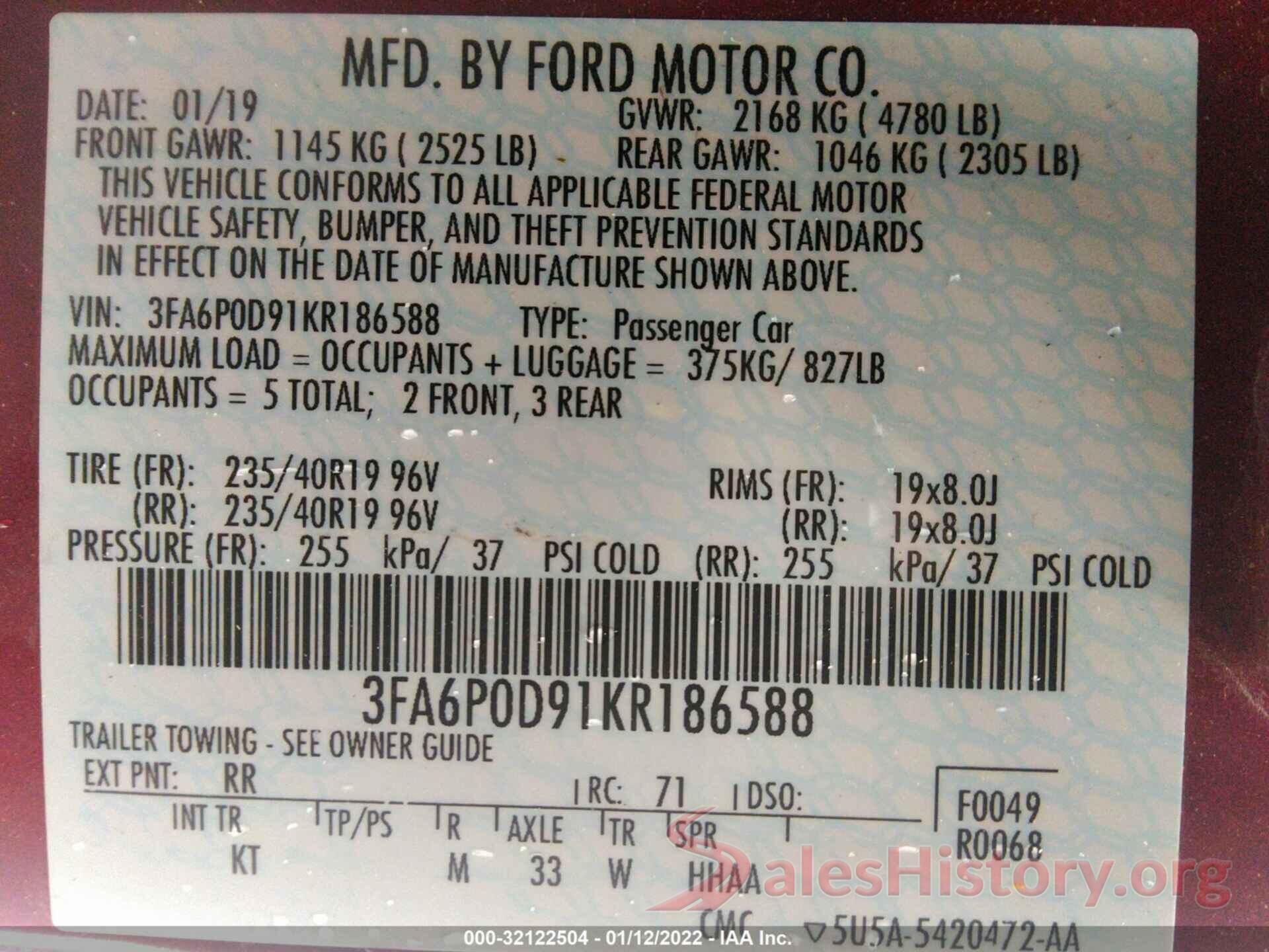 3FA6P0D91KR186588 2019 FORD FUSION