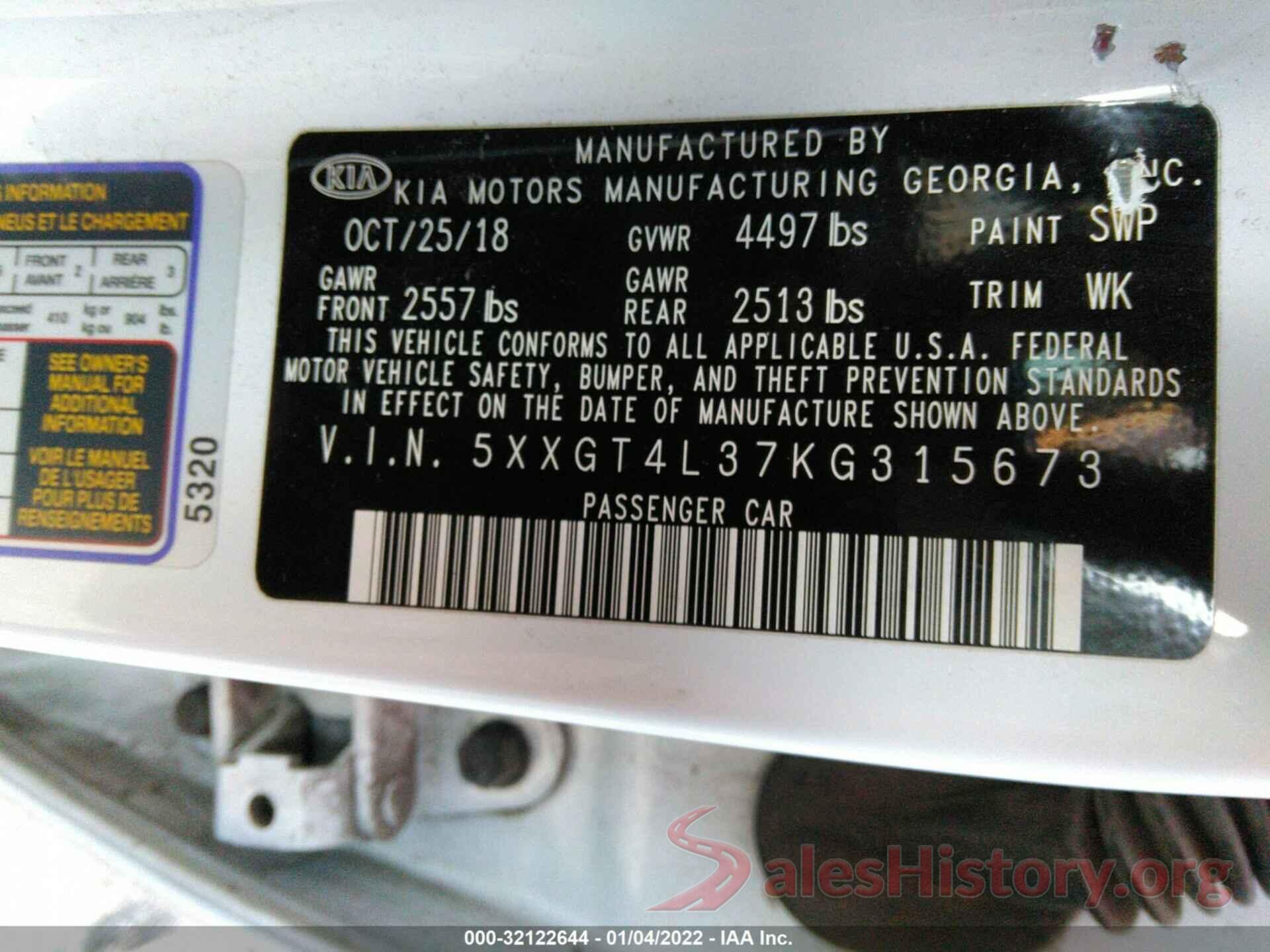 5XXGT4L37KG315673 2019 KIA OPTIMA