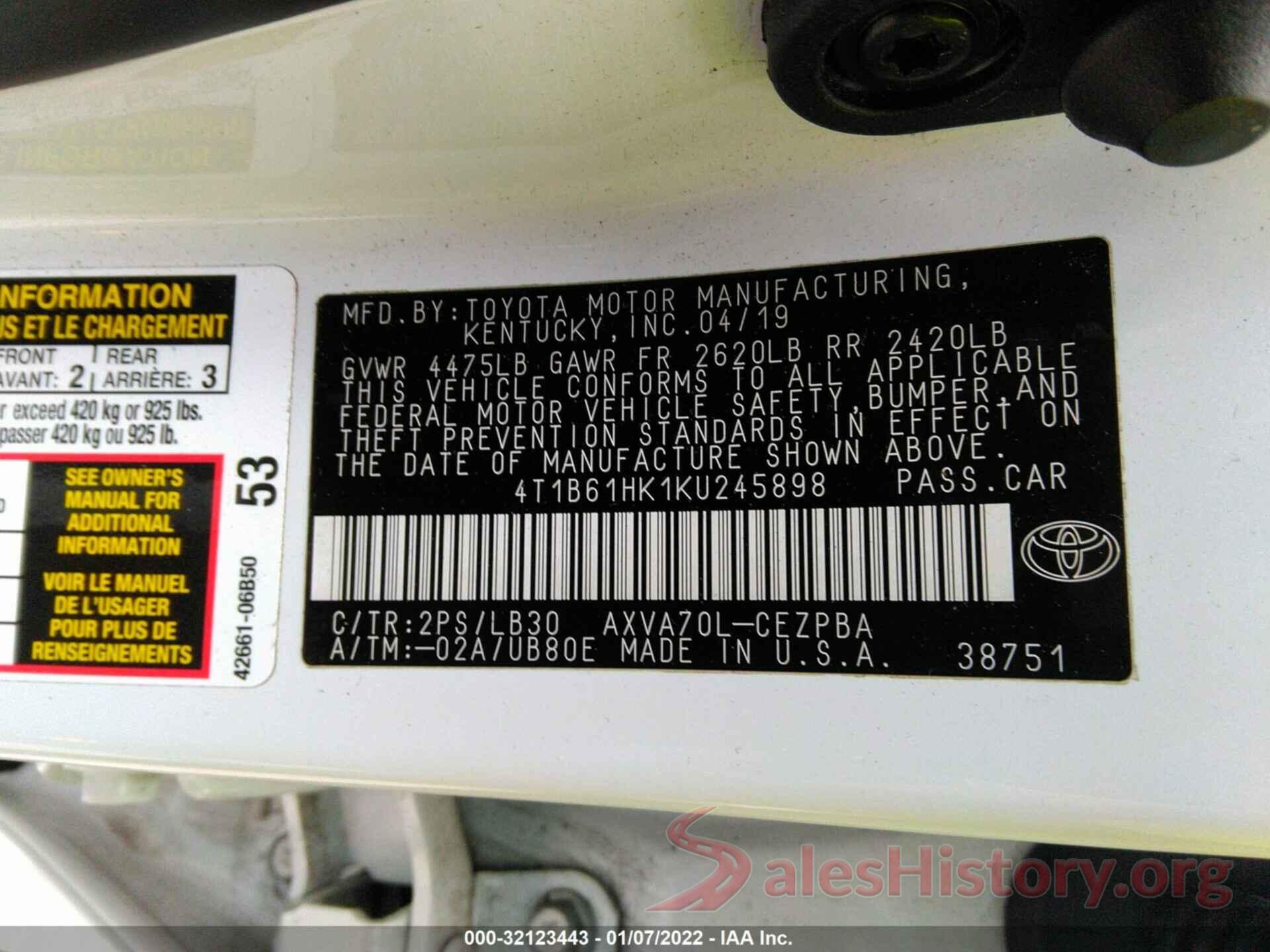 4T1B61HK1KU245898 2019 TOYOTA CAMRY