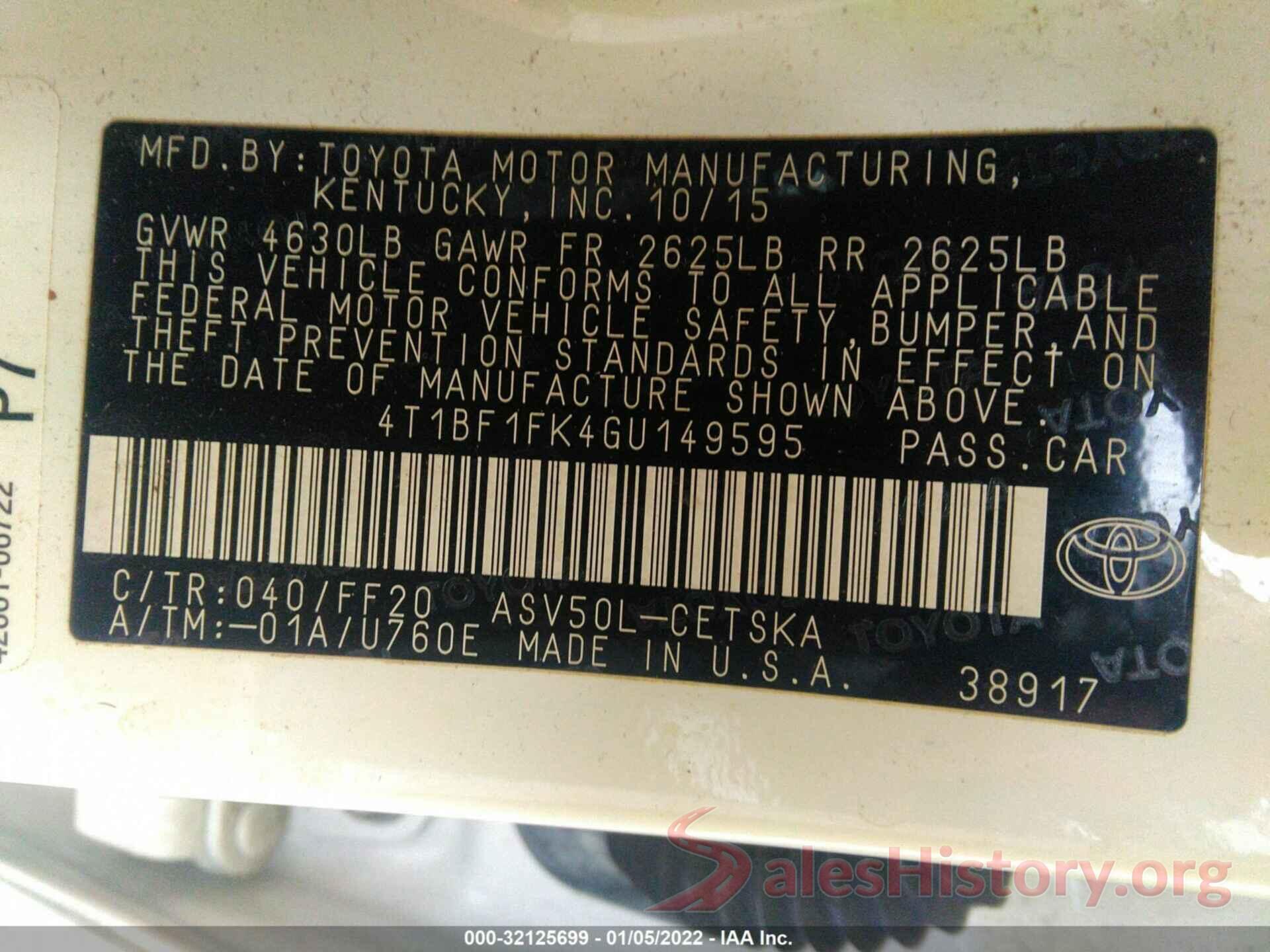 4T1BF1FK4GU149595 2016 TOYOTA CAMRY