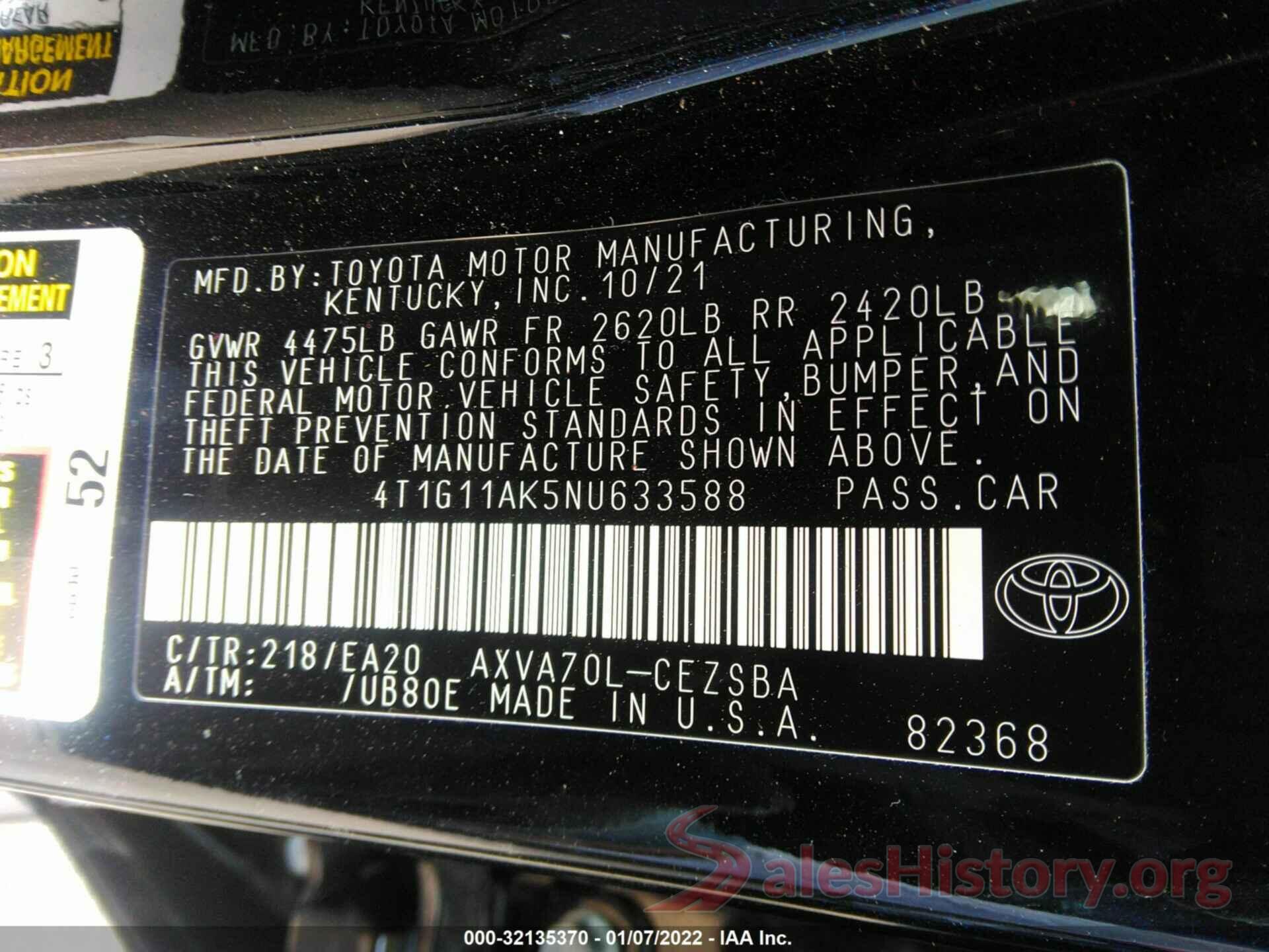 4T1G11AK5NU633588 2022 TOYOTA CAMRY