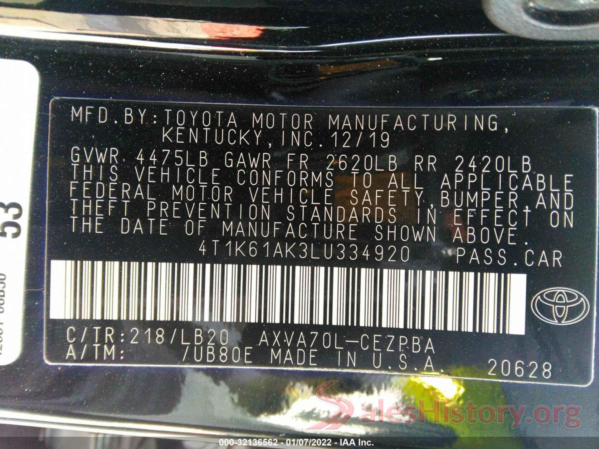 4T1K61AK3LU334920 2020 TOYOTA CAMRY