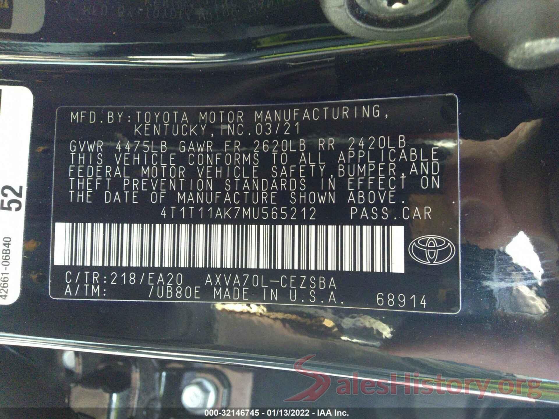 4T1T11AK7MU565212 2021 TOYOTA CAMRY