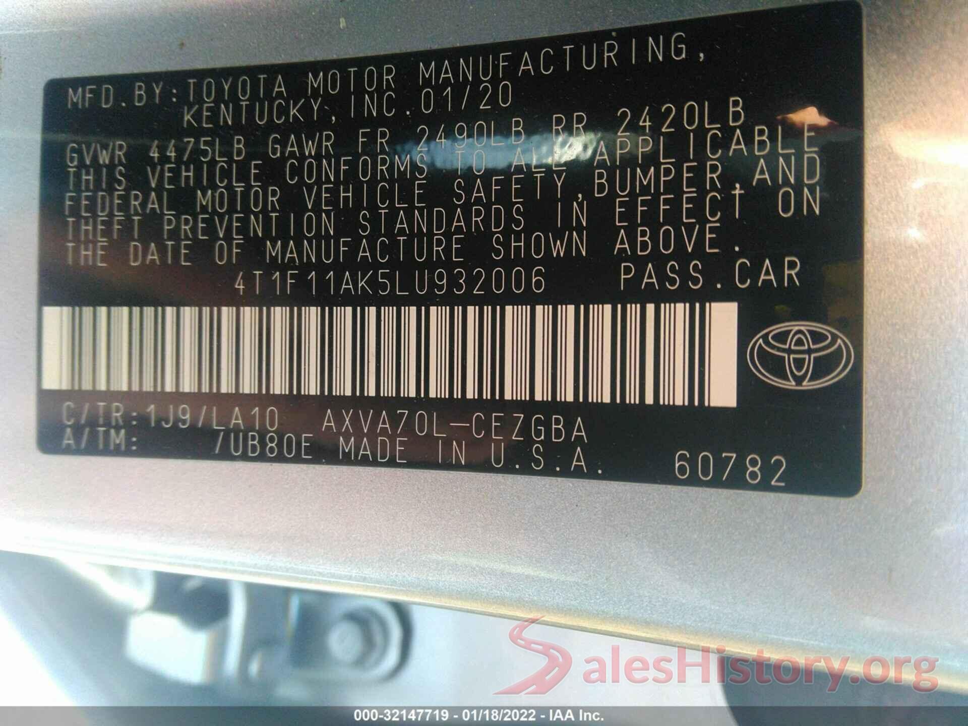 4T1F11AK5LU932006 2020 TOYOTA CAMRY