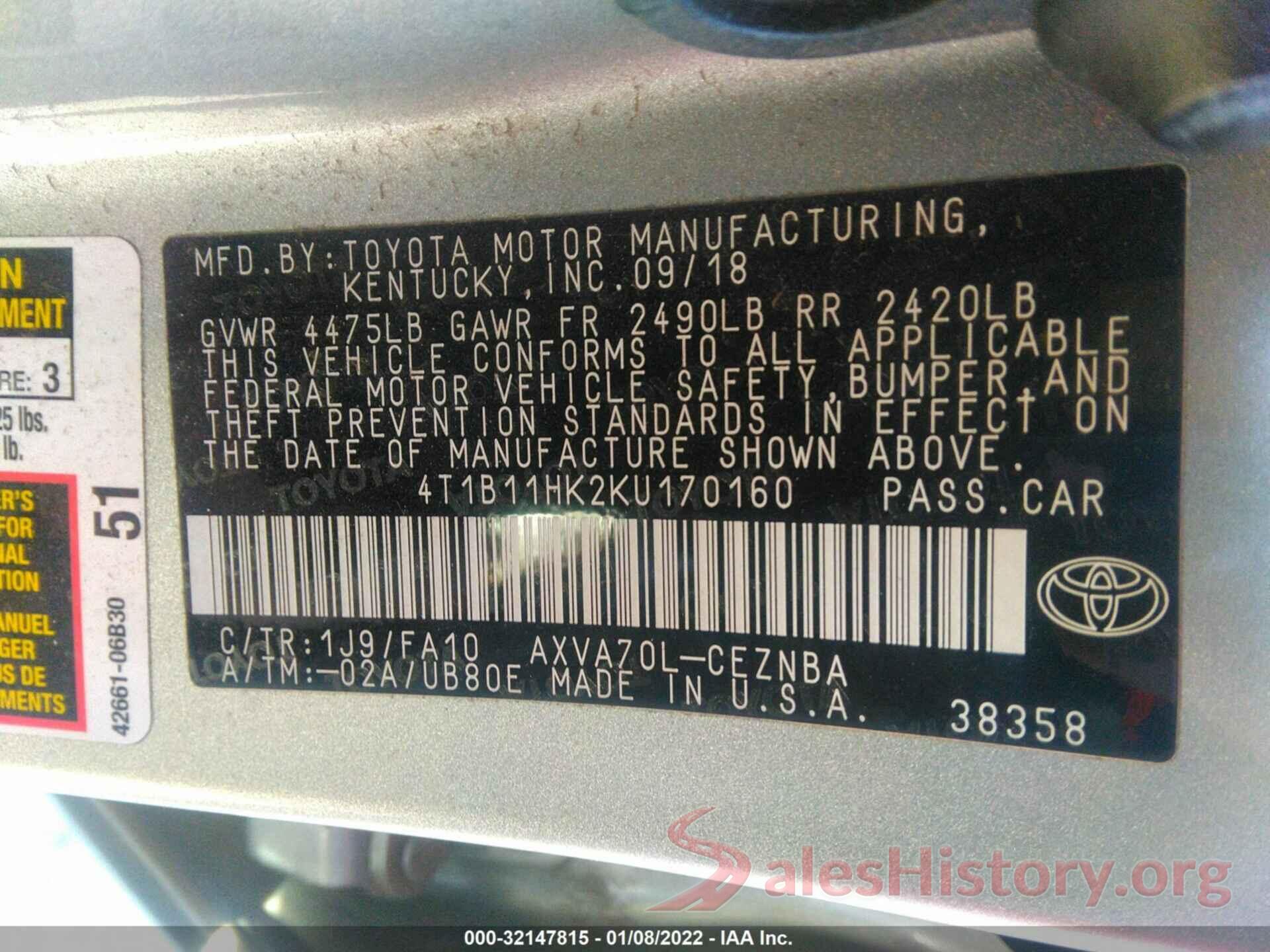 4T1B11HK2KU170160 2019 TOYOTA CAMRY