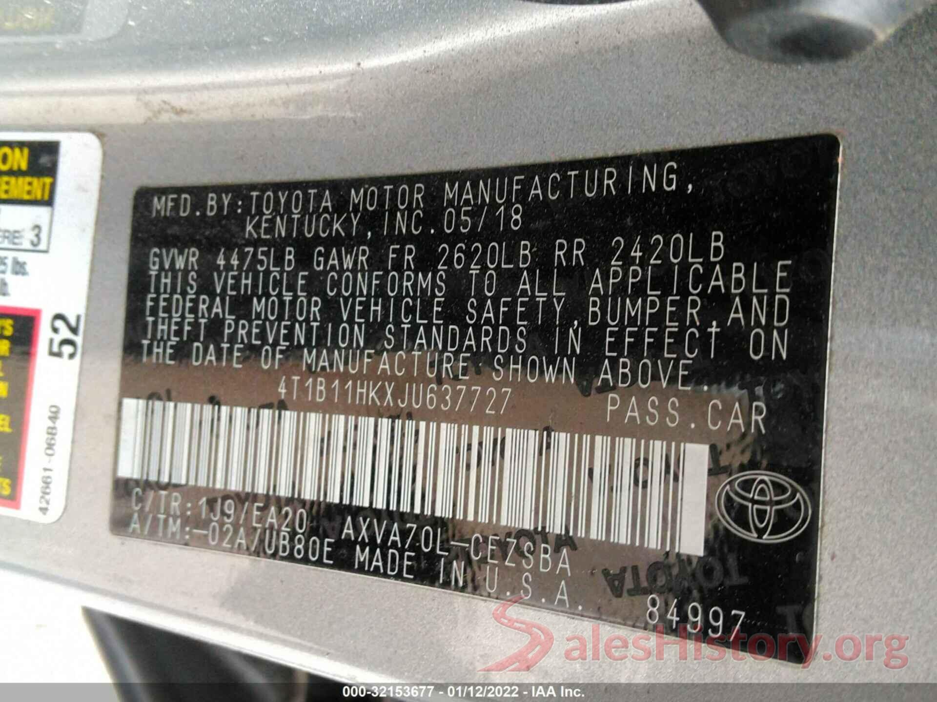 4T1B11HKXJU637727 2018 TOYOTA CAMRY