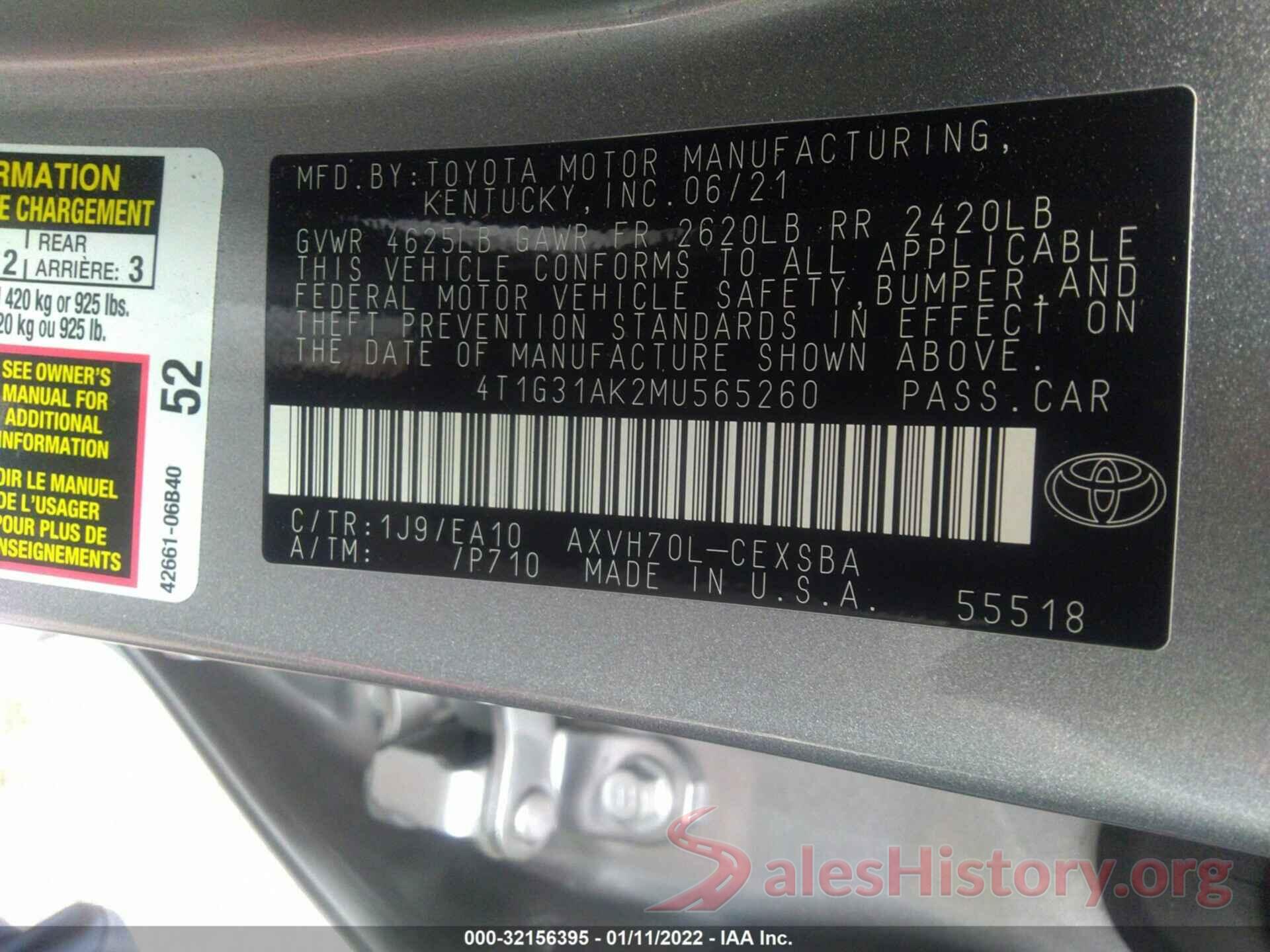 4T1G31AK2MU565260 2021 TOYOTA CAMRY