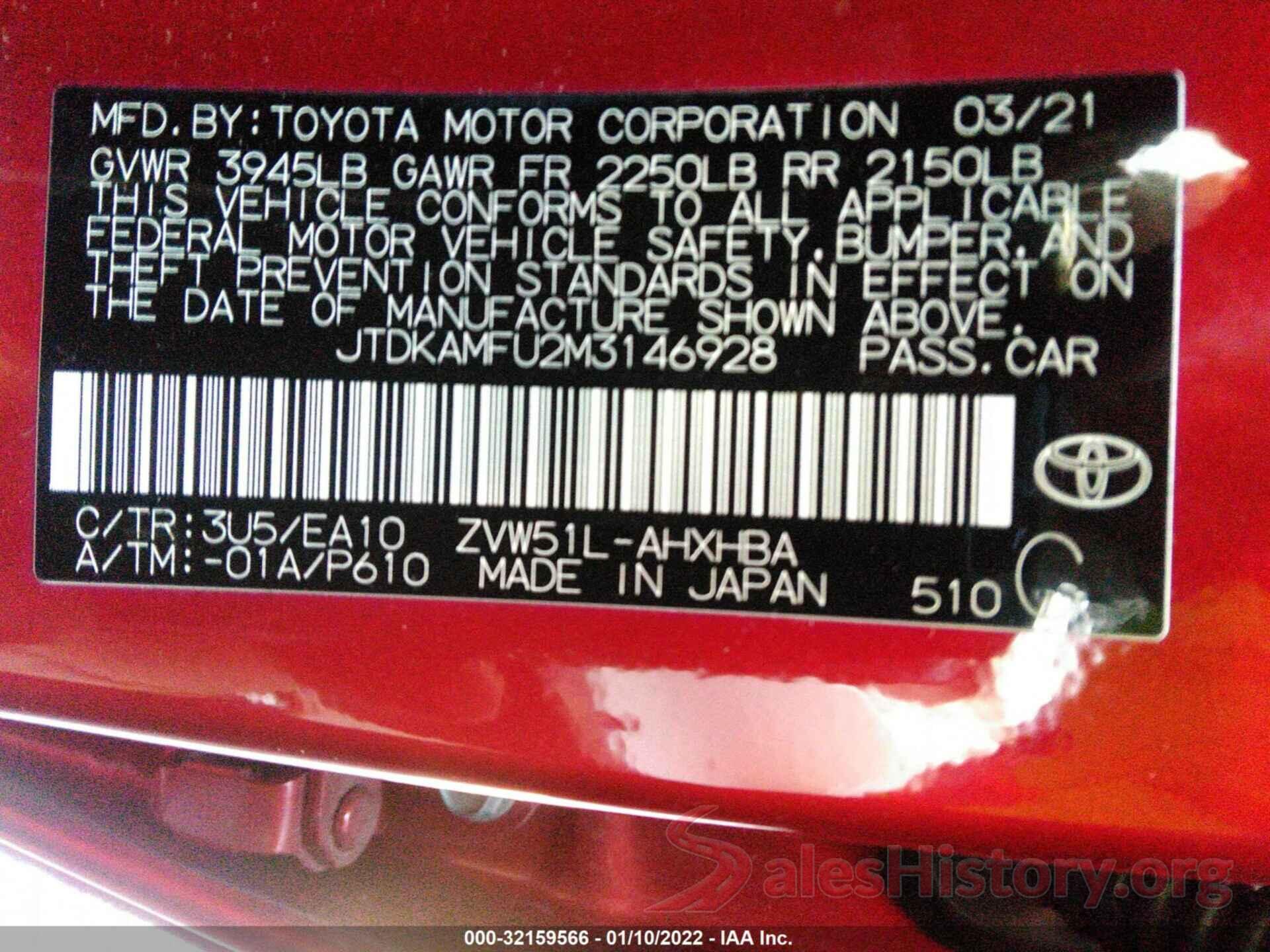 JTDKAMFU2M3146928 2021 TOYOTA PRIUS