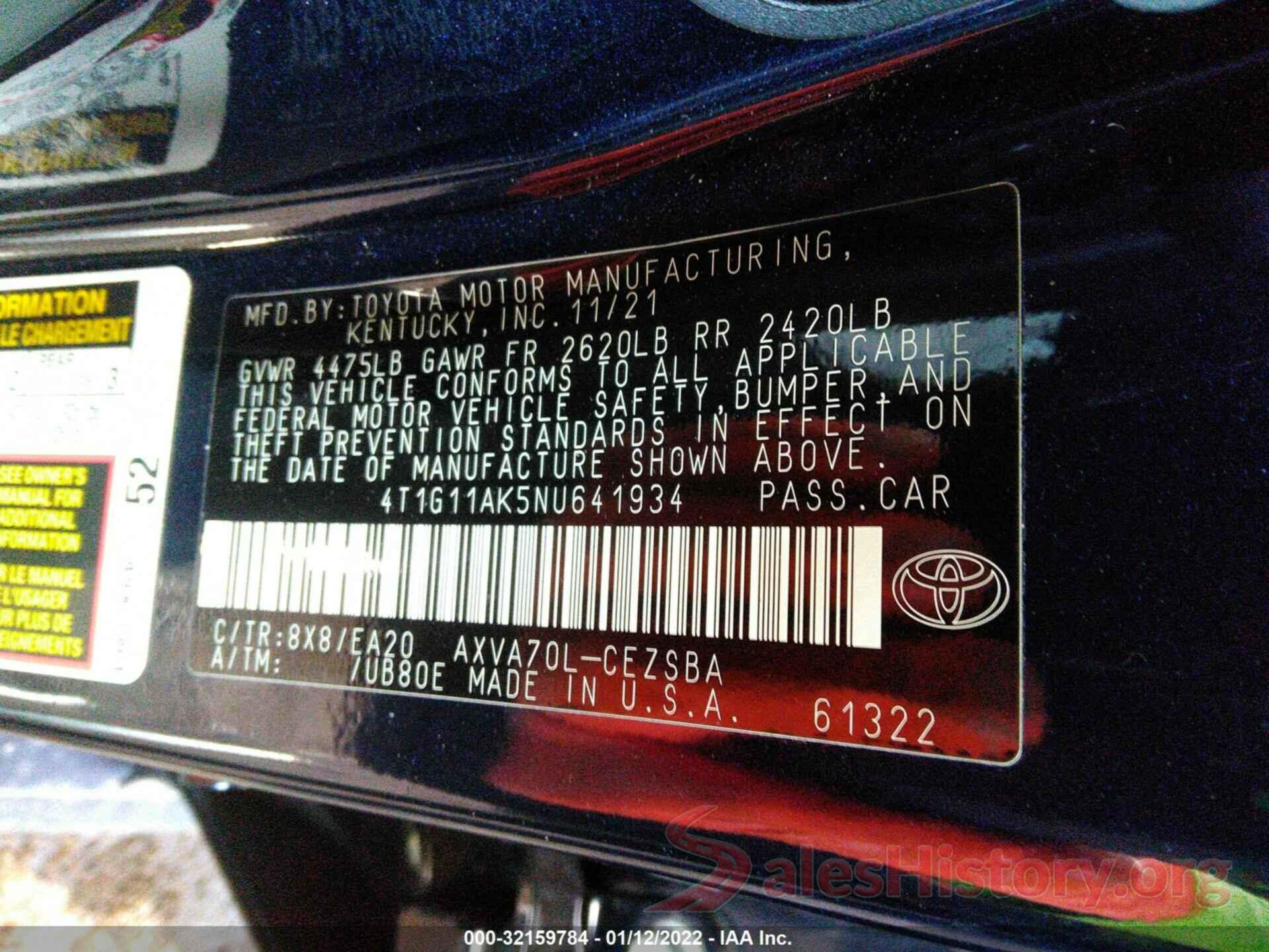 4T1G11AK5NU641934 2022 TOYOTA CAMRY