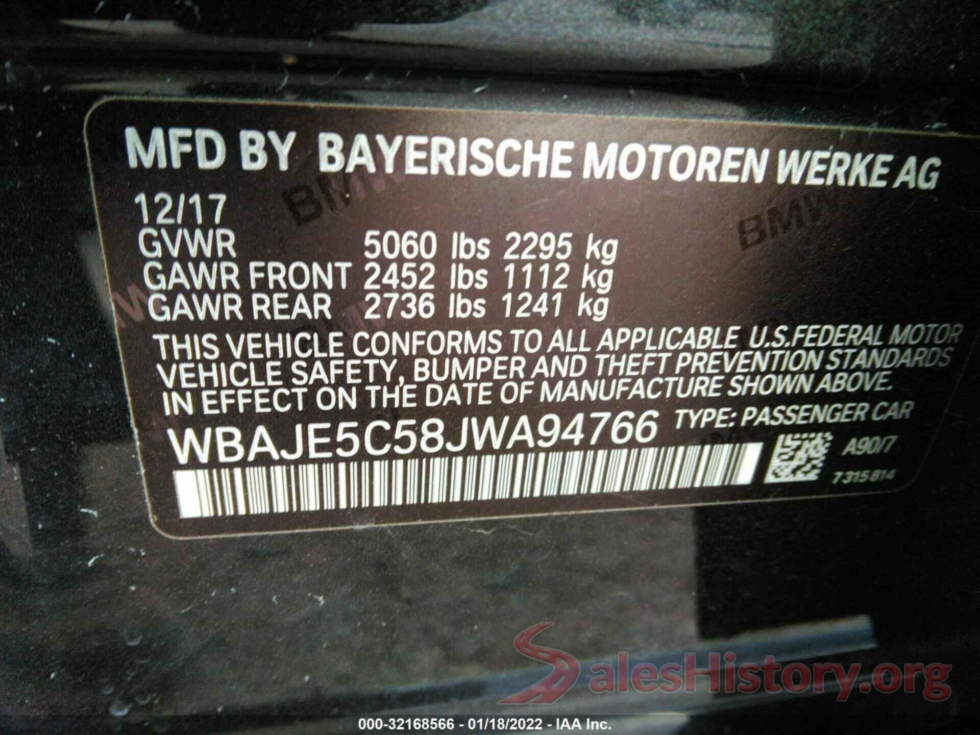 WBAJE5C58JWA94766 2018 BMW 5 SERIES