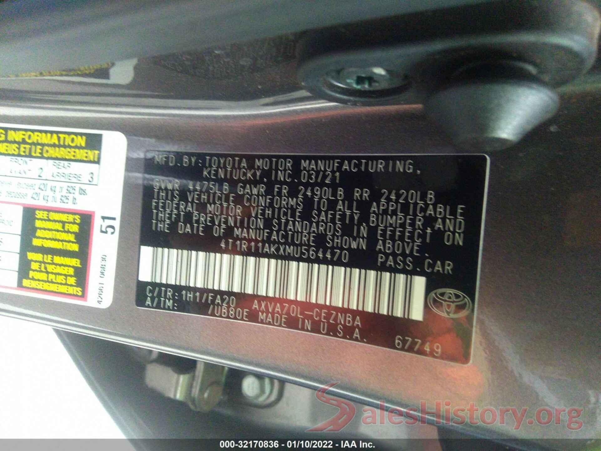 4T1R11AKXMU564470 2021 TOYOTA CAMRY