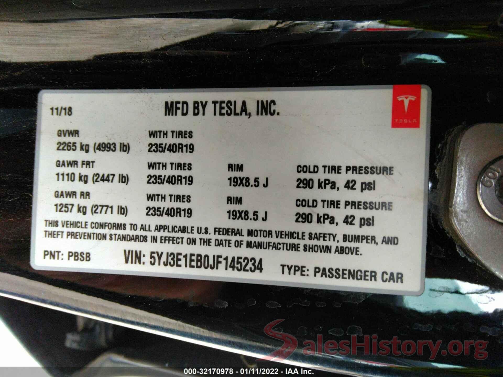 5YJ3E1EB0JF145234 2018 TESLA MODEL 3