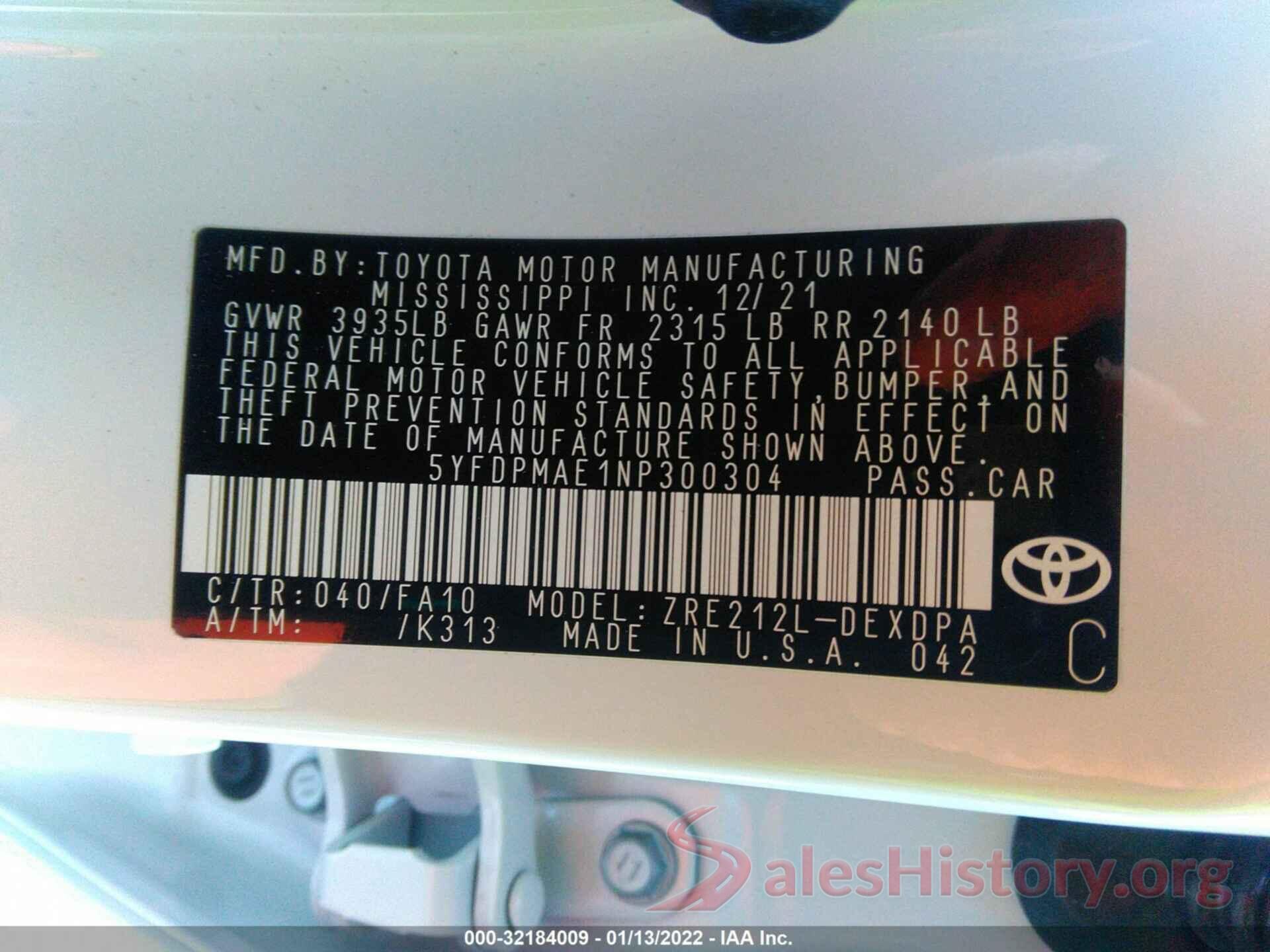 5YFDPMAE1NP300304 2022 TOYOTA COROLLA