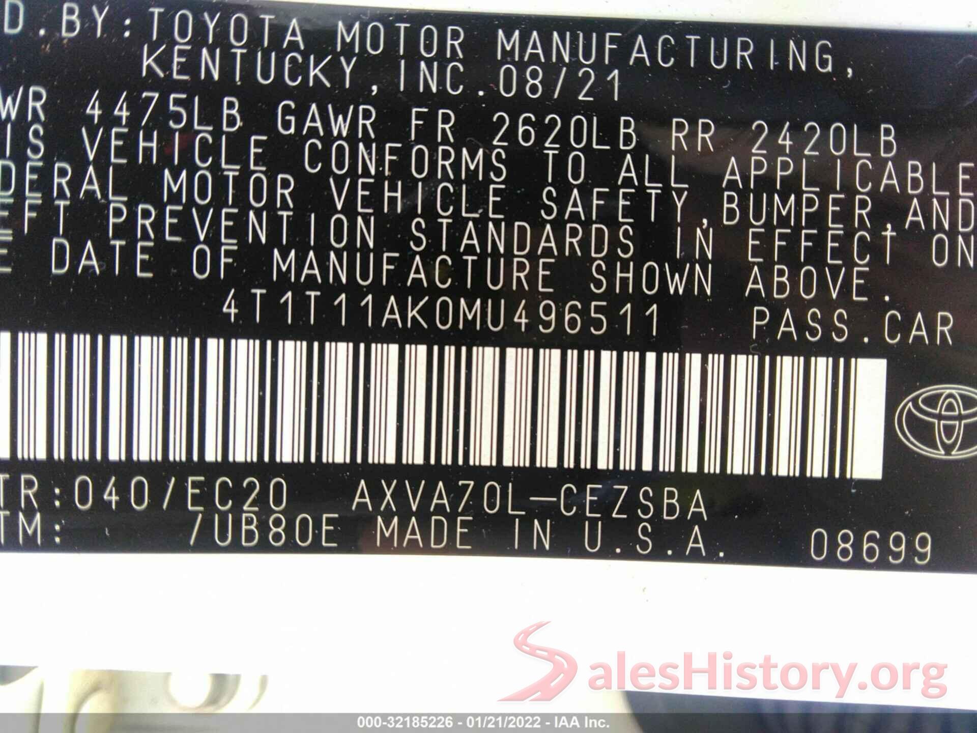 4T1T11AK0MU496511 2021 TOYOTA CAMRY