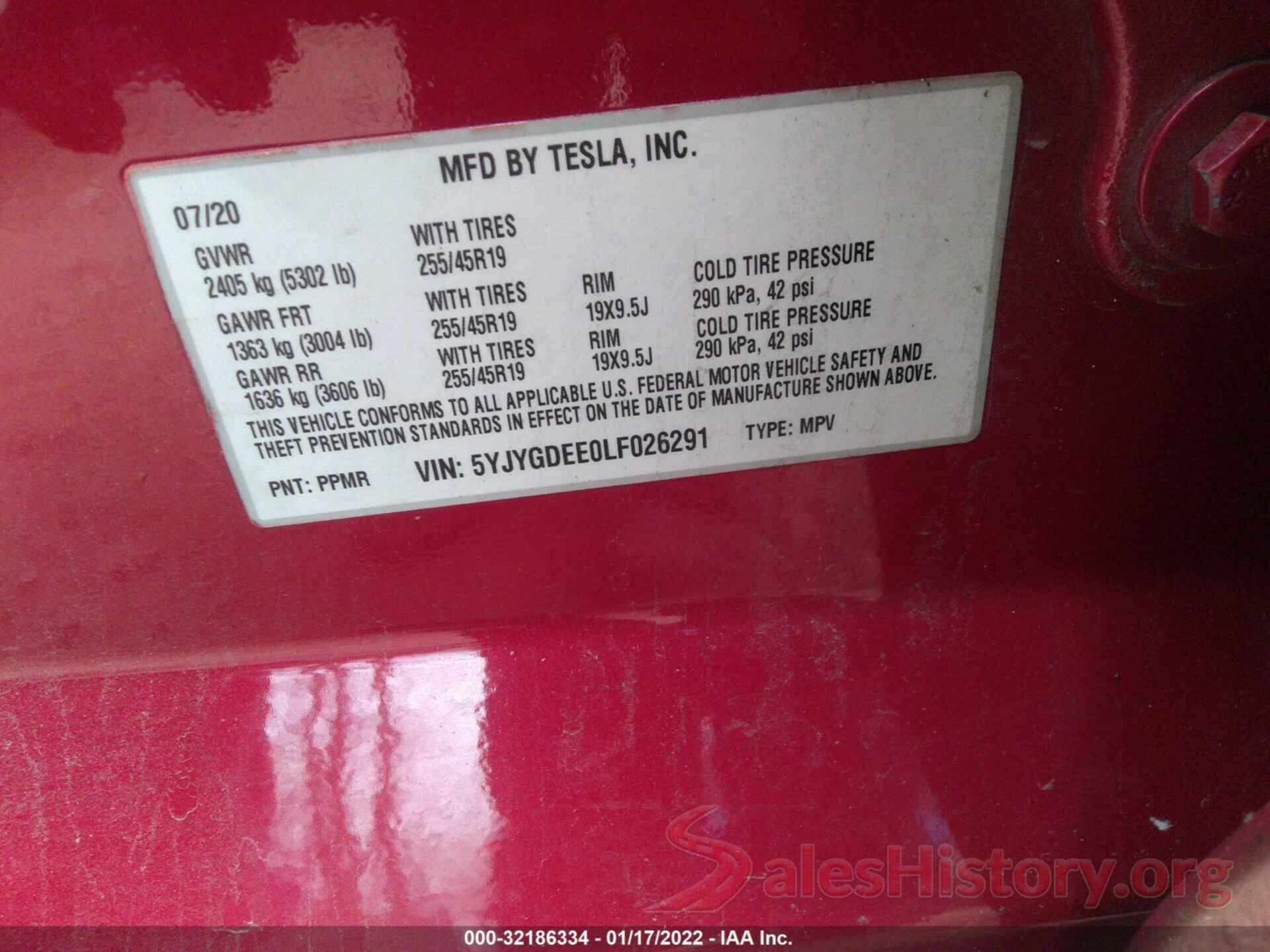 5YJYGDEE0LF026291 2020 TESLA MODEL Y