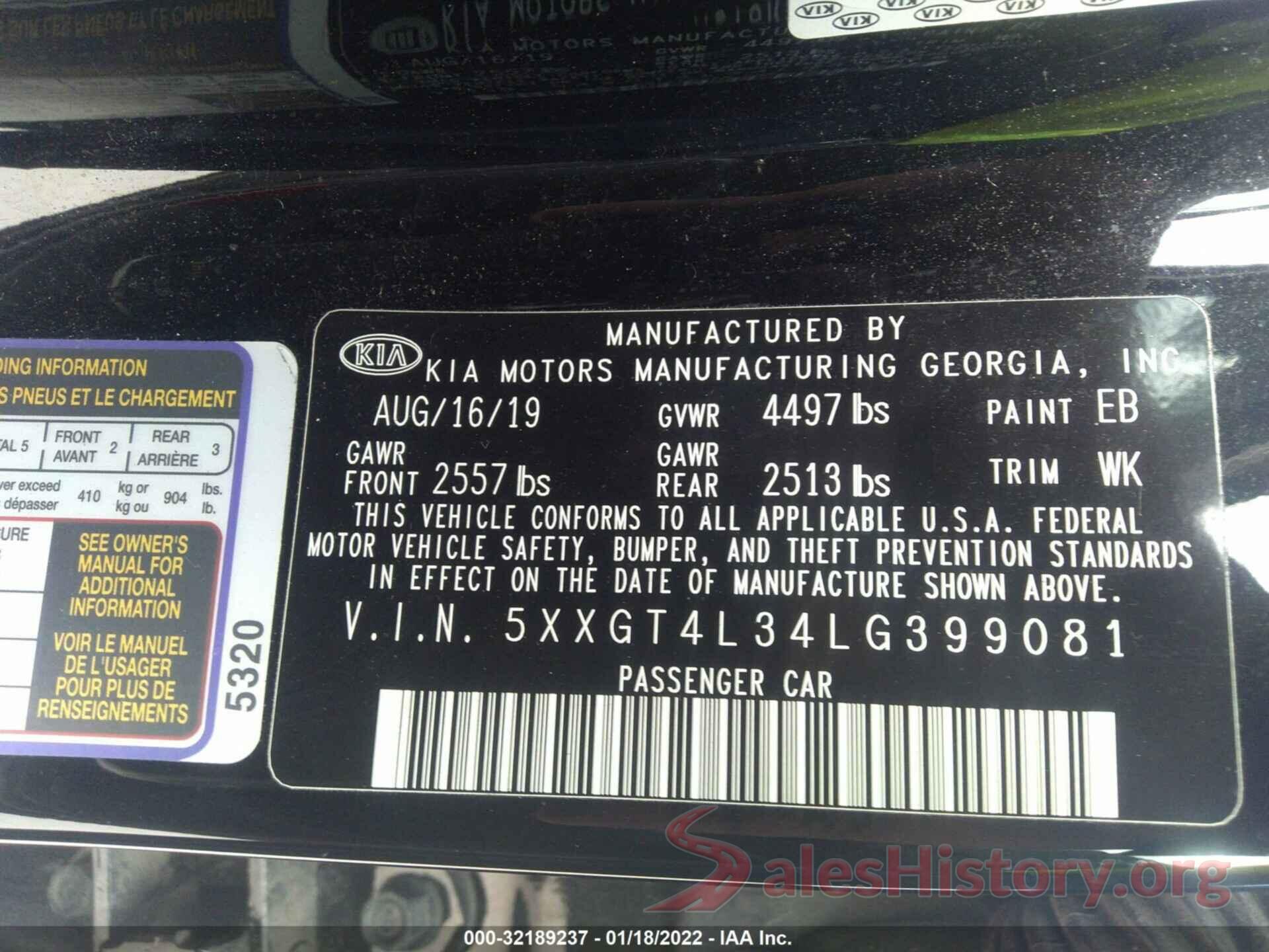 5XXGT4L34LG399081 2020 KIA OPTIMA