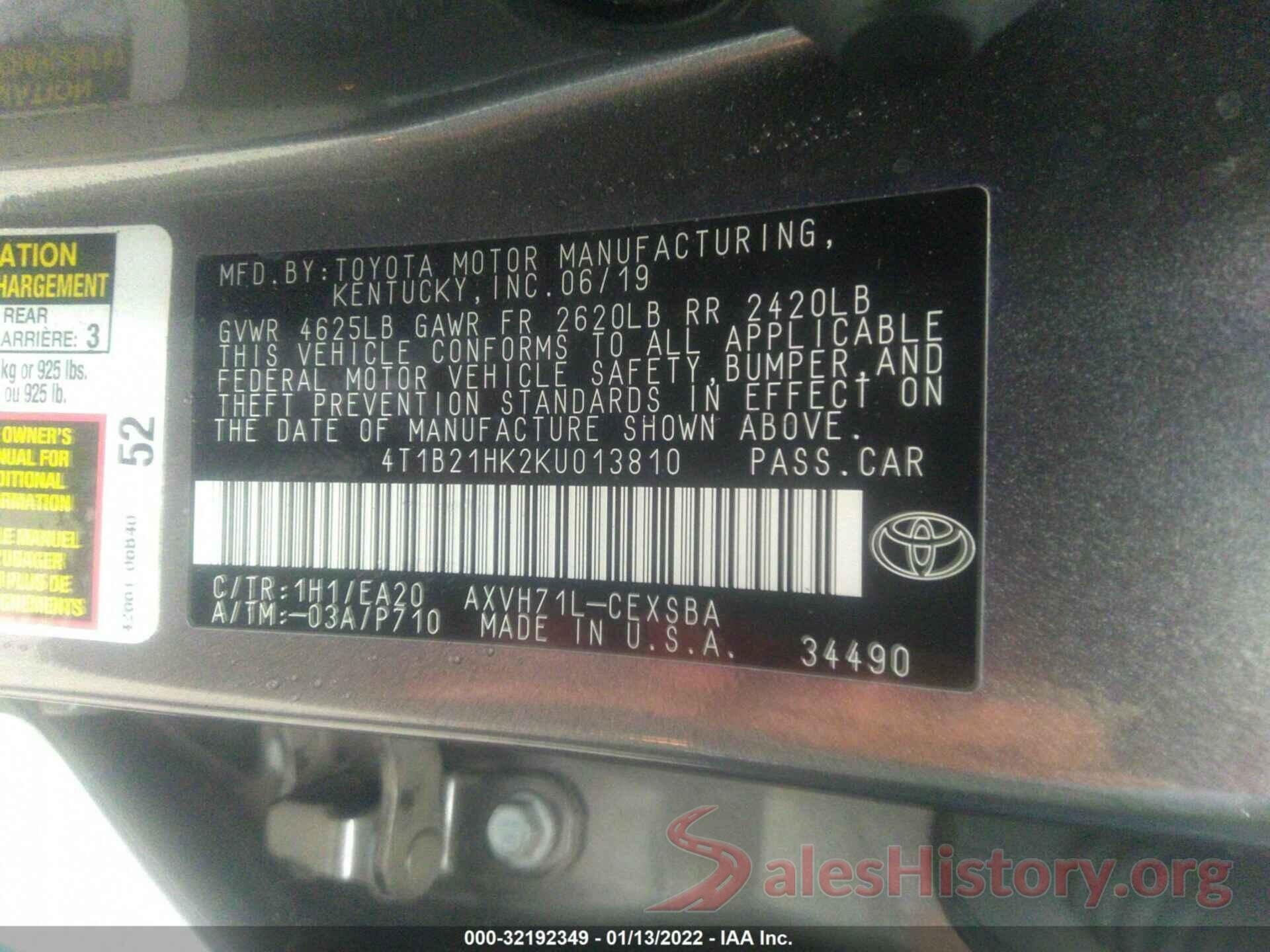 4T1B21HK2KU013810 2019 TOYOTA CAMRY