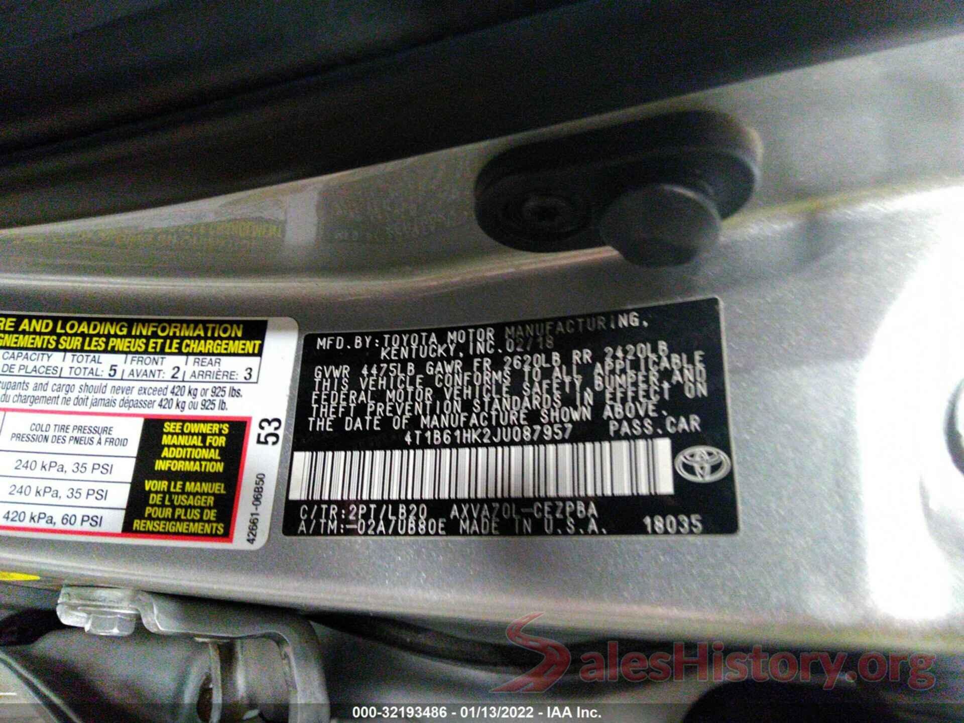 4T1B61HK2JU087957 2018 TOYOTA CAMRY