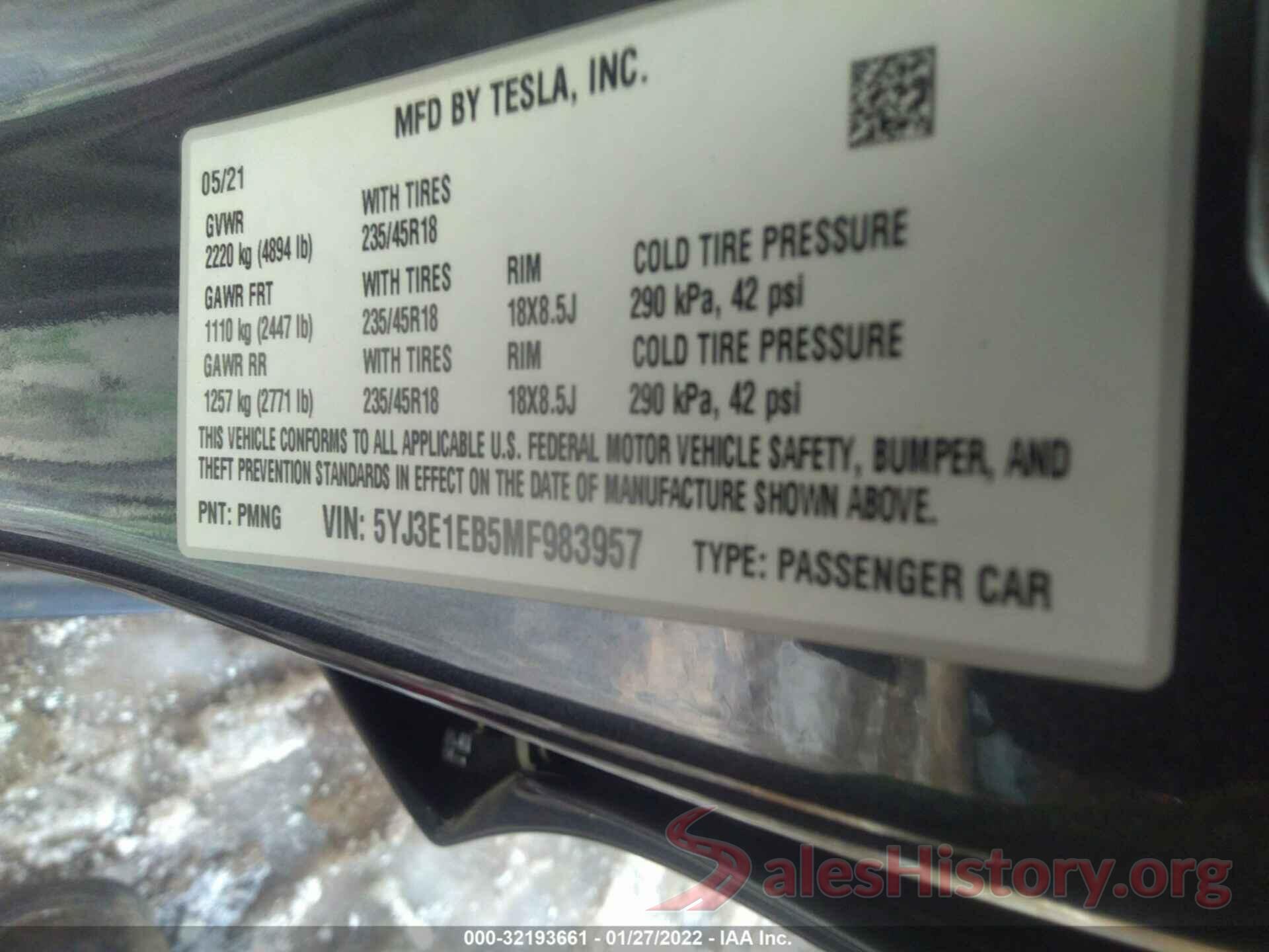 5YJ3E1EB5MF983957 2021 TESLA MODEL 3