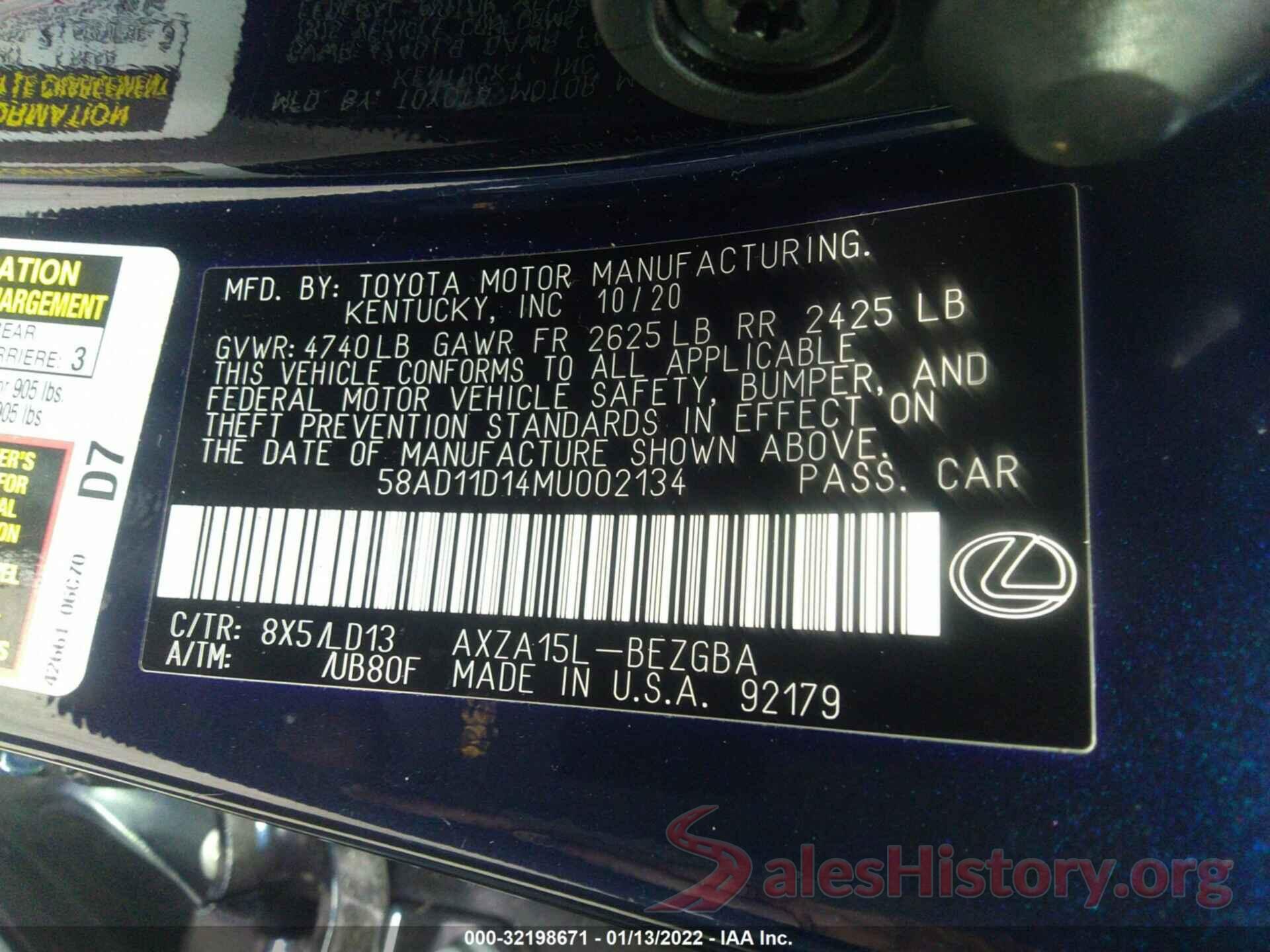 58AD11D14MU002134 2021 LEXUS ES