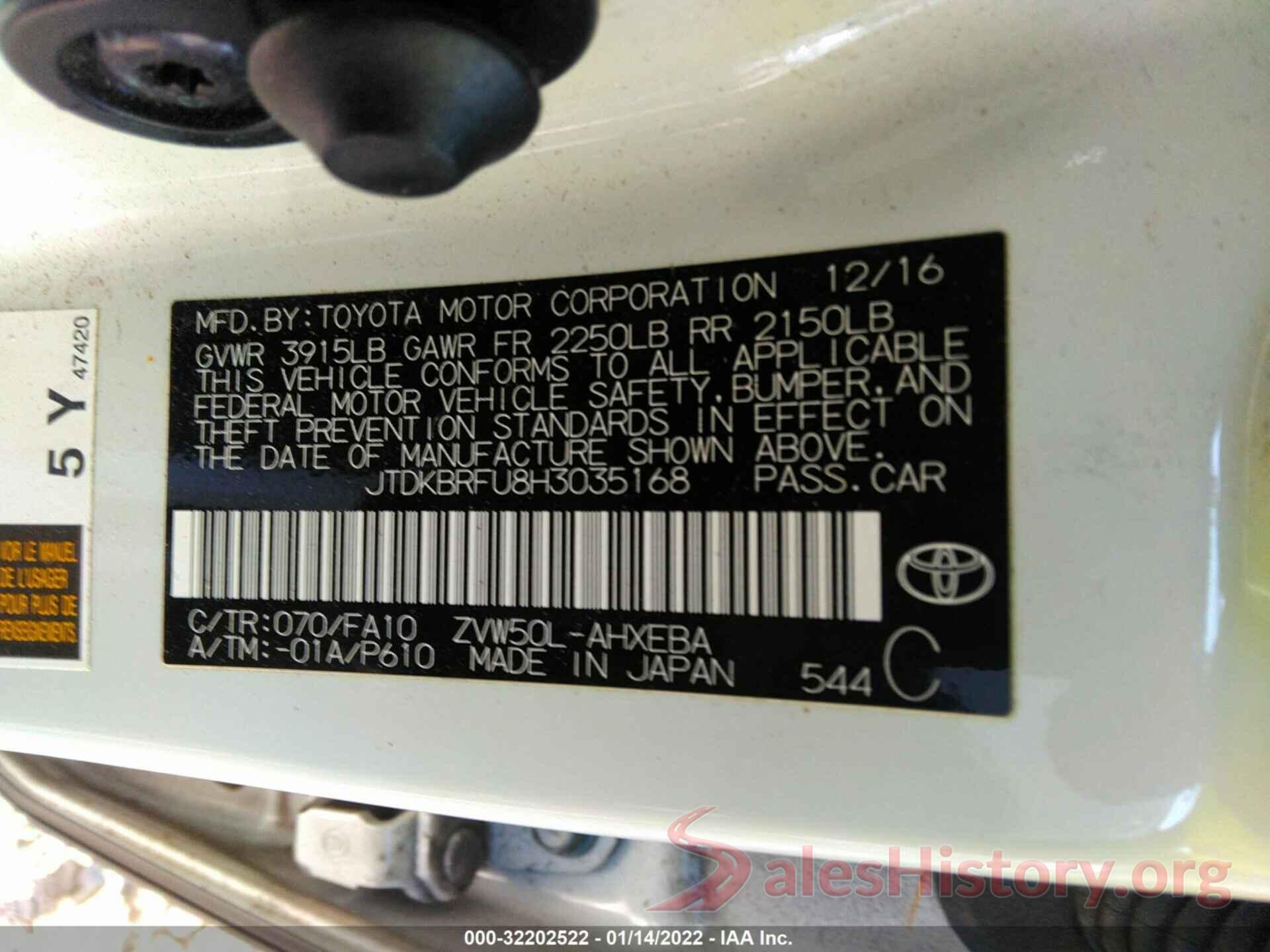 JTDKBRFU8H3035168 2017 TOYOTA PRIUS