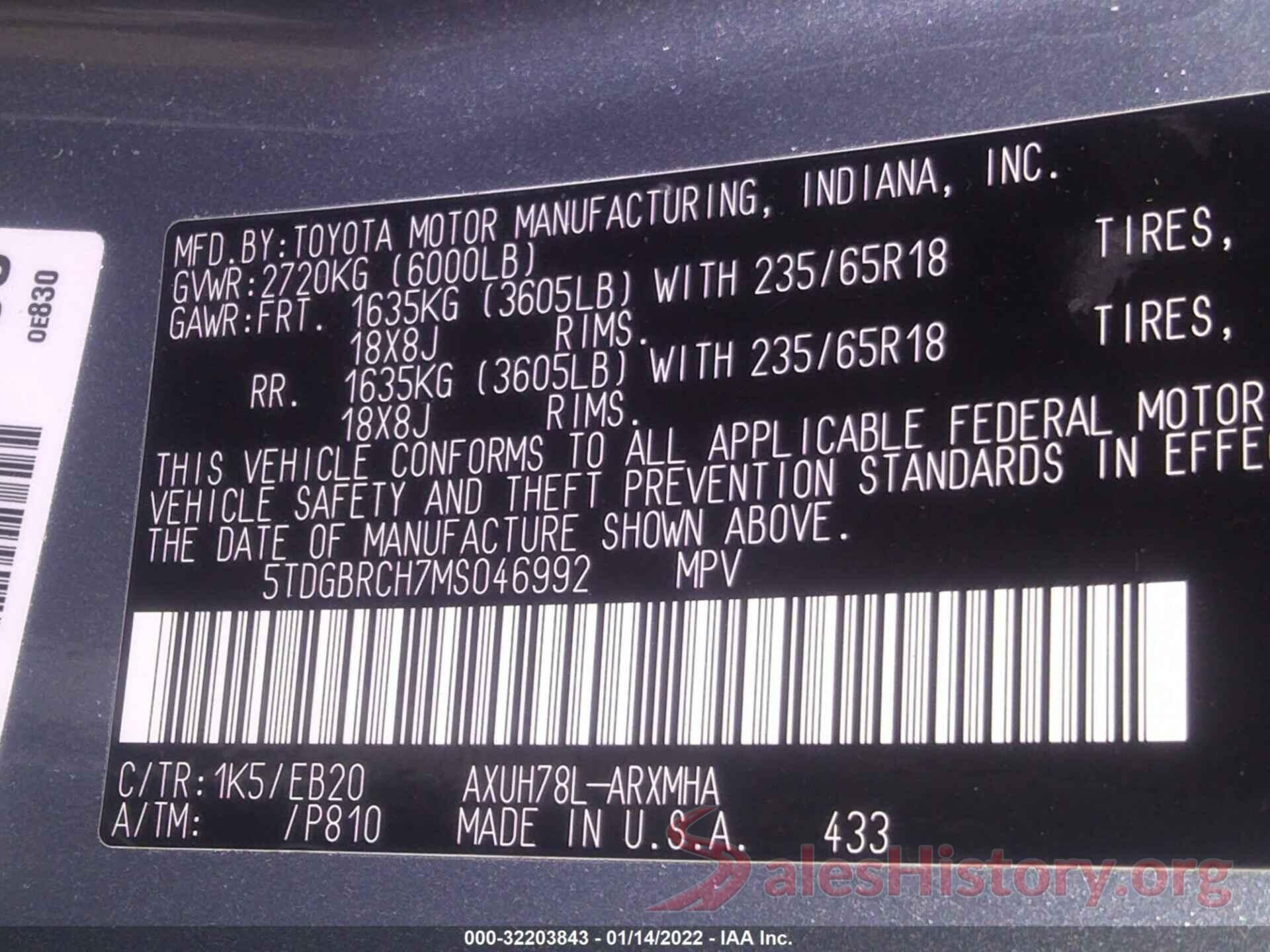 5TDGBRCH7MS046992 2021 TOYOTA HIGHLANDER