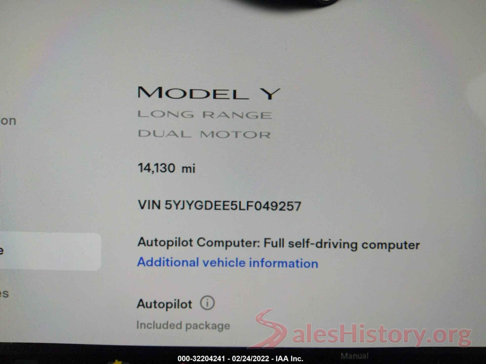 5YJYGDEE5LF049257 2020 TESLA MODEL Y