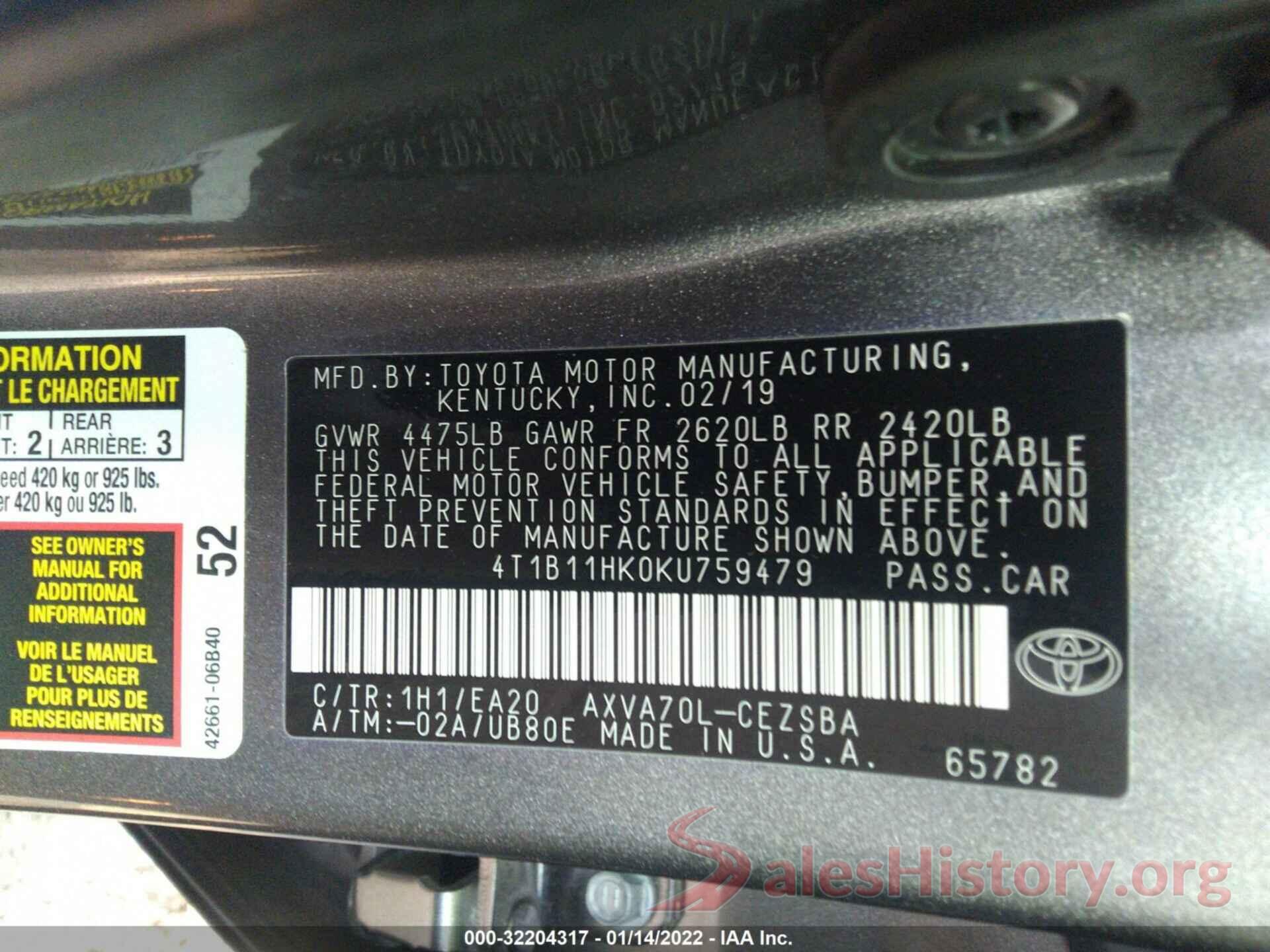 4T1B11HK0KU759479 2019 TOYOTA CAMRY