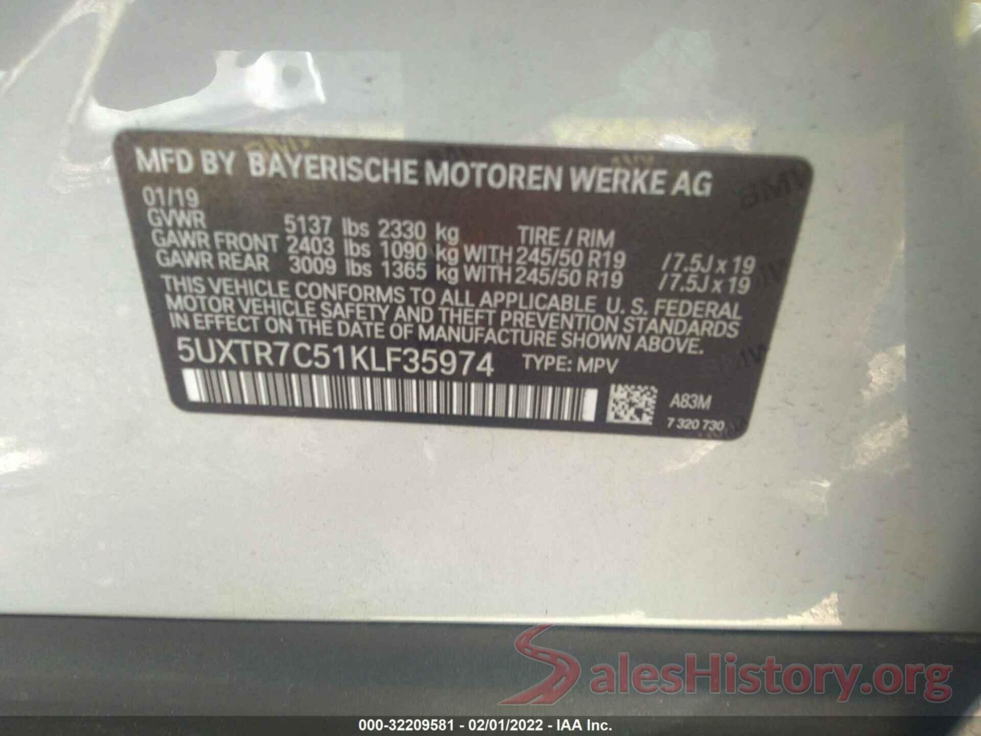 5UXTR7C51KLF35974 2019 BMW X3